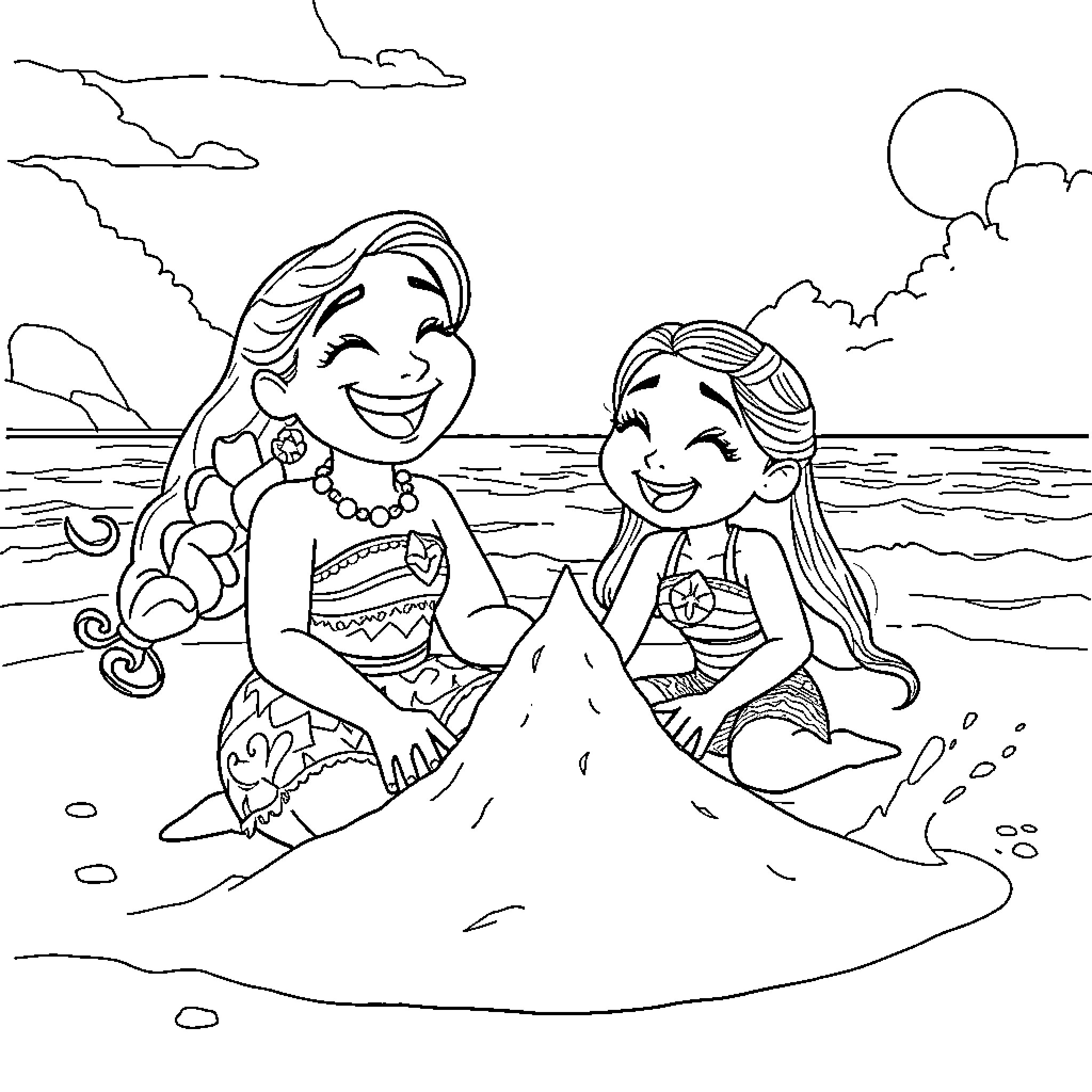Moana and Friend Enjoying the Beach Coloring Page (free black-and-white line drawing printable PDF for all, from beginners to advanced learners, including children, teens, adults, and seniors)