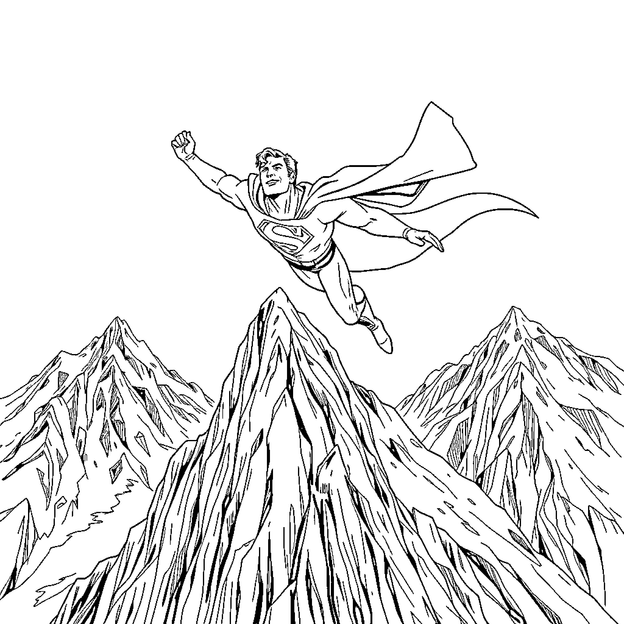 Superman soaring over majestic mountain peaks Coloring Page (free black-and-white line drawing printable PDF for all, from beginners to advanced learners, including children, teens, adults, and seniors)
