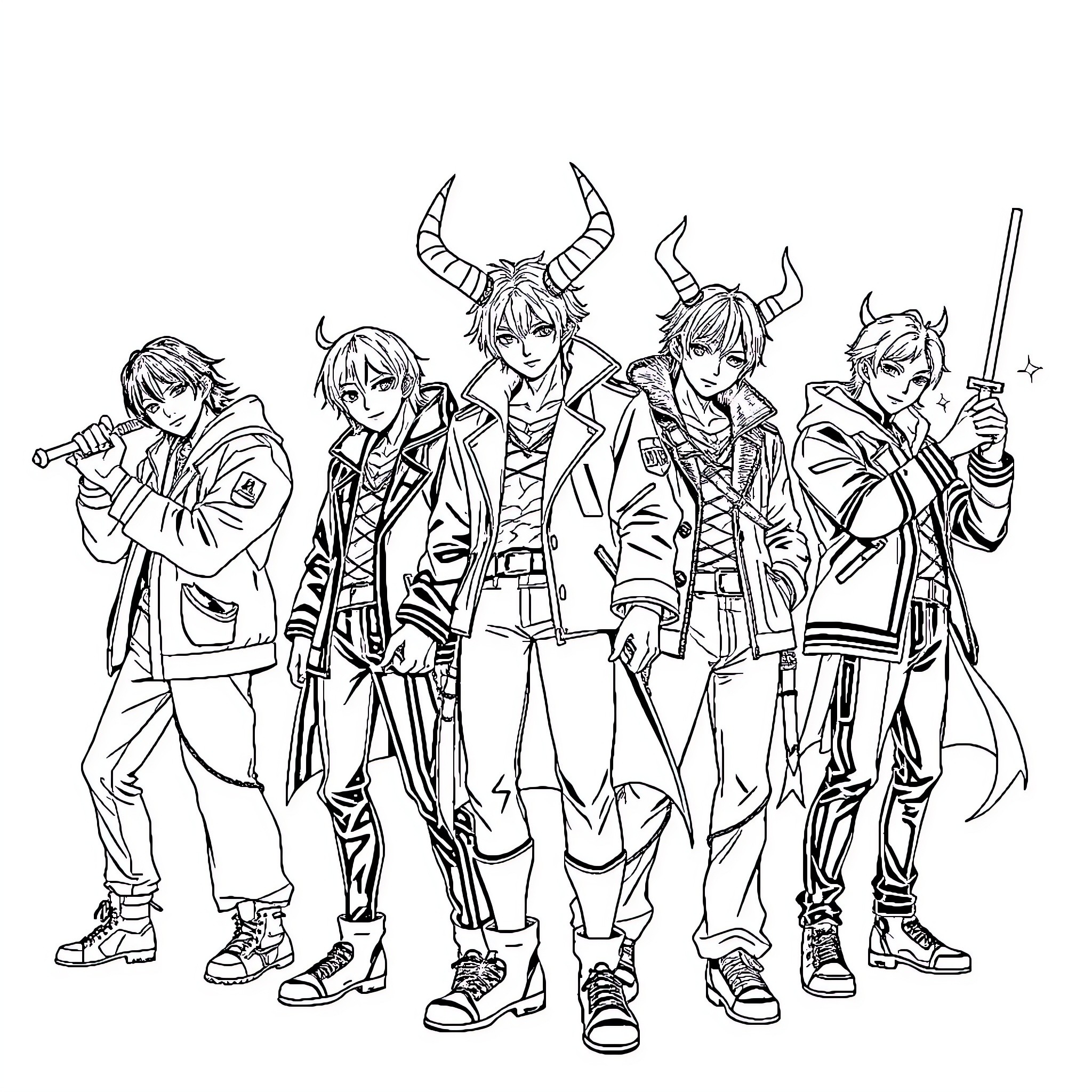 Demon Hunter Squad in Action Coloring Page (free black-and-white line drawing printable PDF for all, from beginners to advanced learners, including children, teens, adults, and seniors)