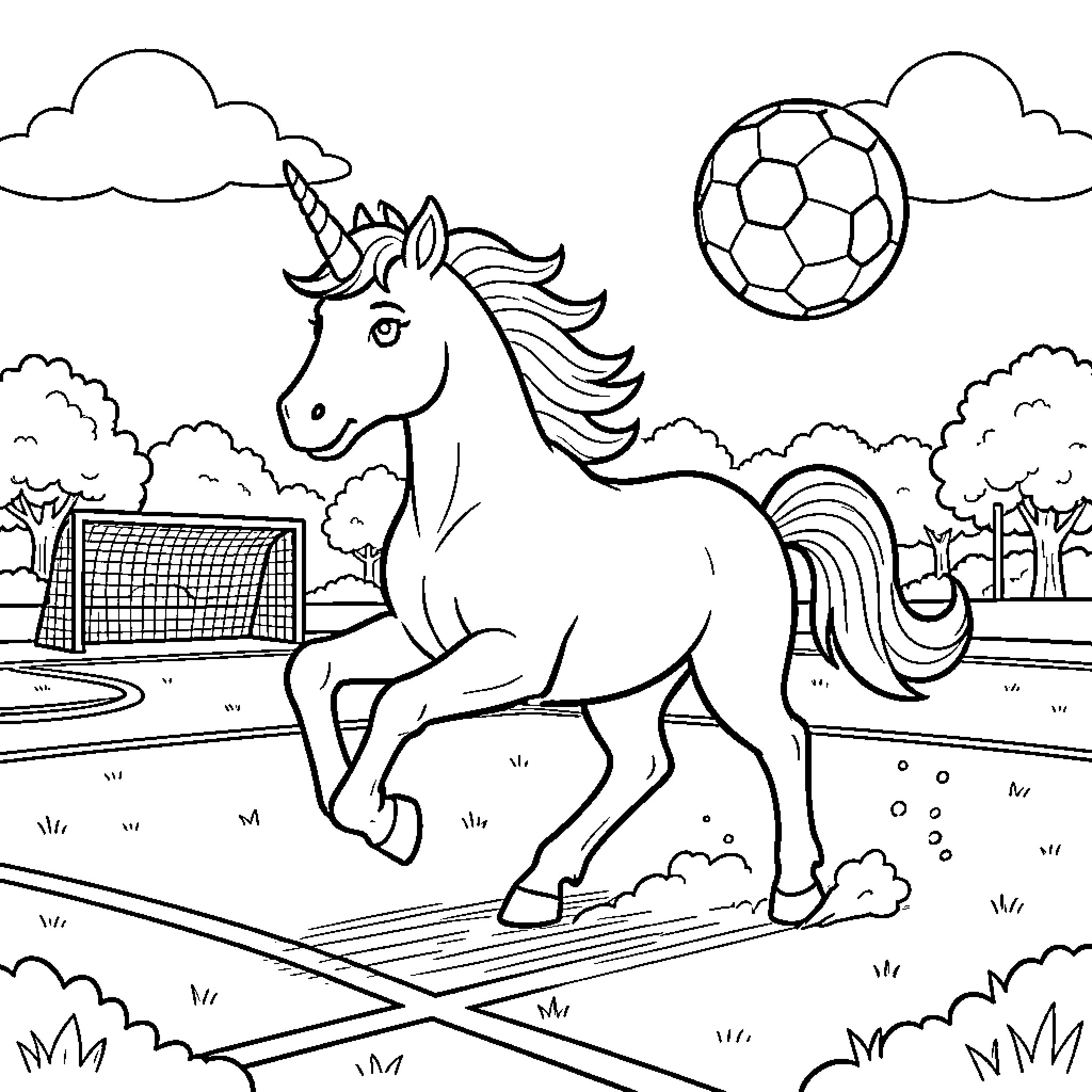 Unicorn playing soccer in a grassy field Coloring Page (free black-and-white line drawing printable PDF for all, from beginners to advanced learners, including children, teens, adults, and seniors)