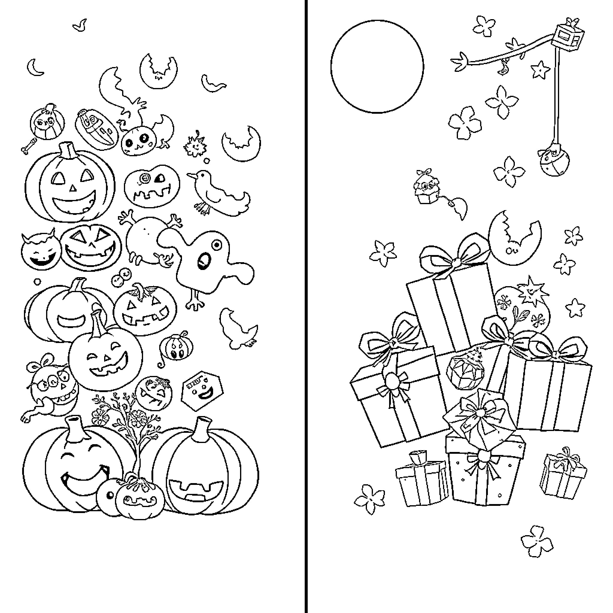 Halloween and Christmas themed doodles and illustrations Coloring Page (free black-and-white line drawing printable PDF for all, from beginners to advanced learners, including children, teens, adults, and seniors)