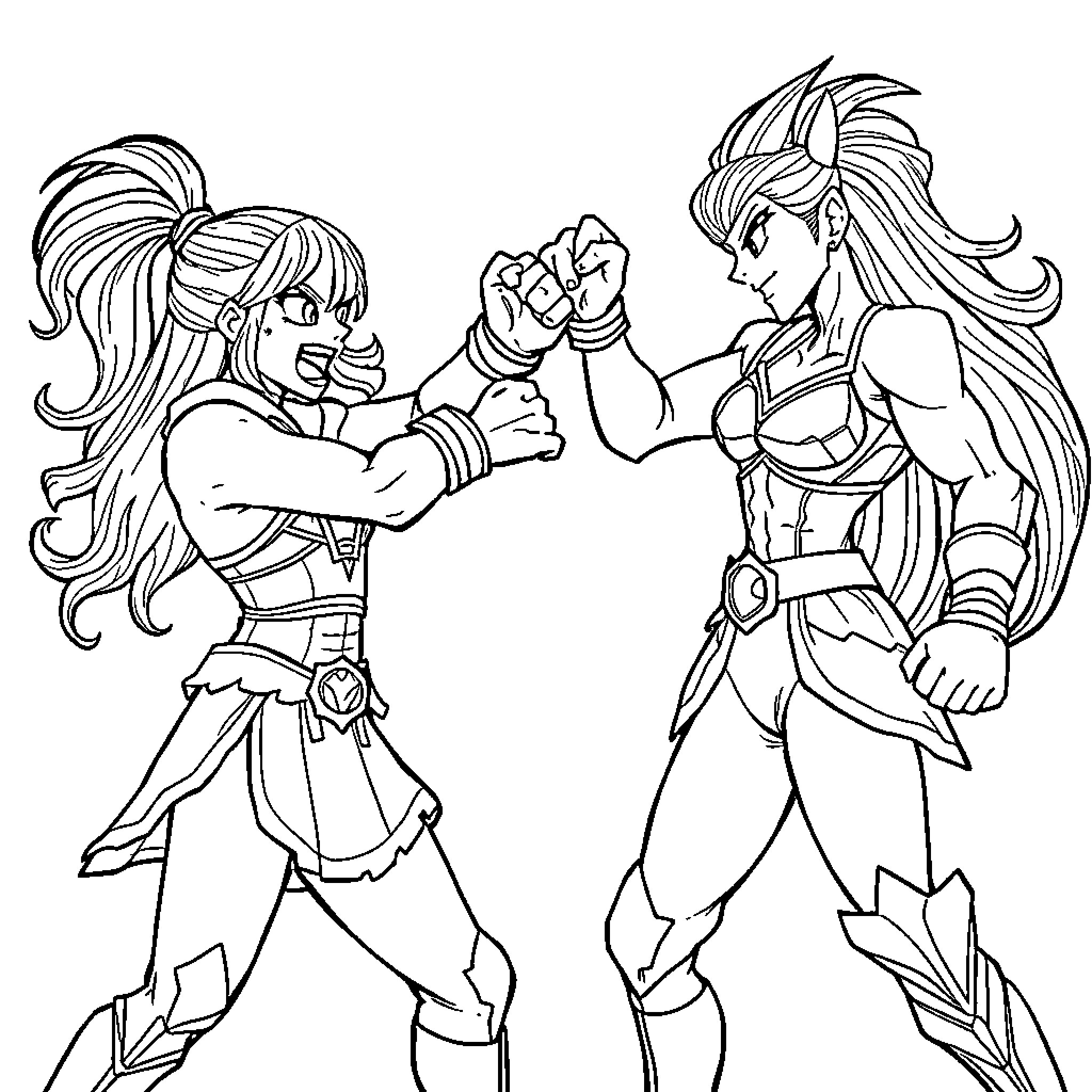 Rumi's Fierce Arm Wrestling Match Coloring Page (free black-and-white line drawing printable PDF for all, from beginners to advanced learners, including children, teens, adults, and seniors)