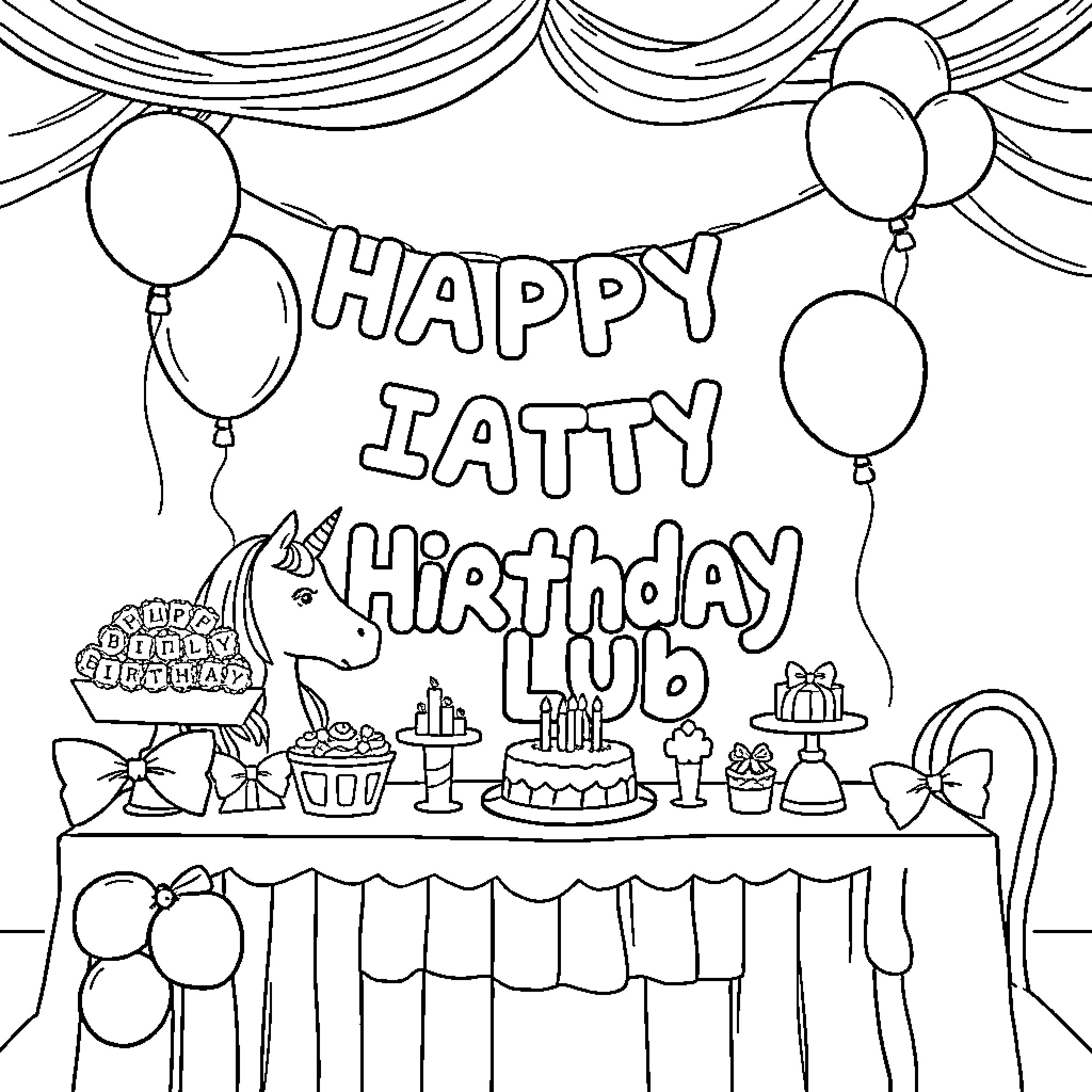 Pony Birthday Party Scene with Decorations Coloring Page (free black-and-white line drawing printable PDF for all, from beginners to advanced learners, including children, teens, adults, and seniors)