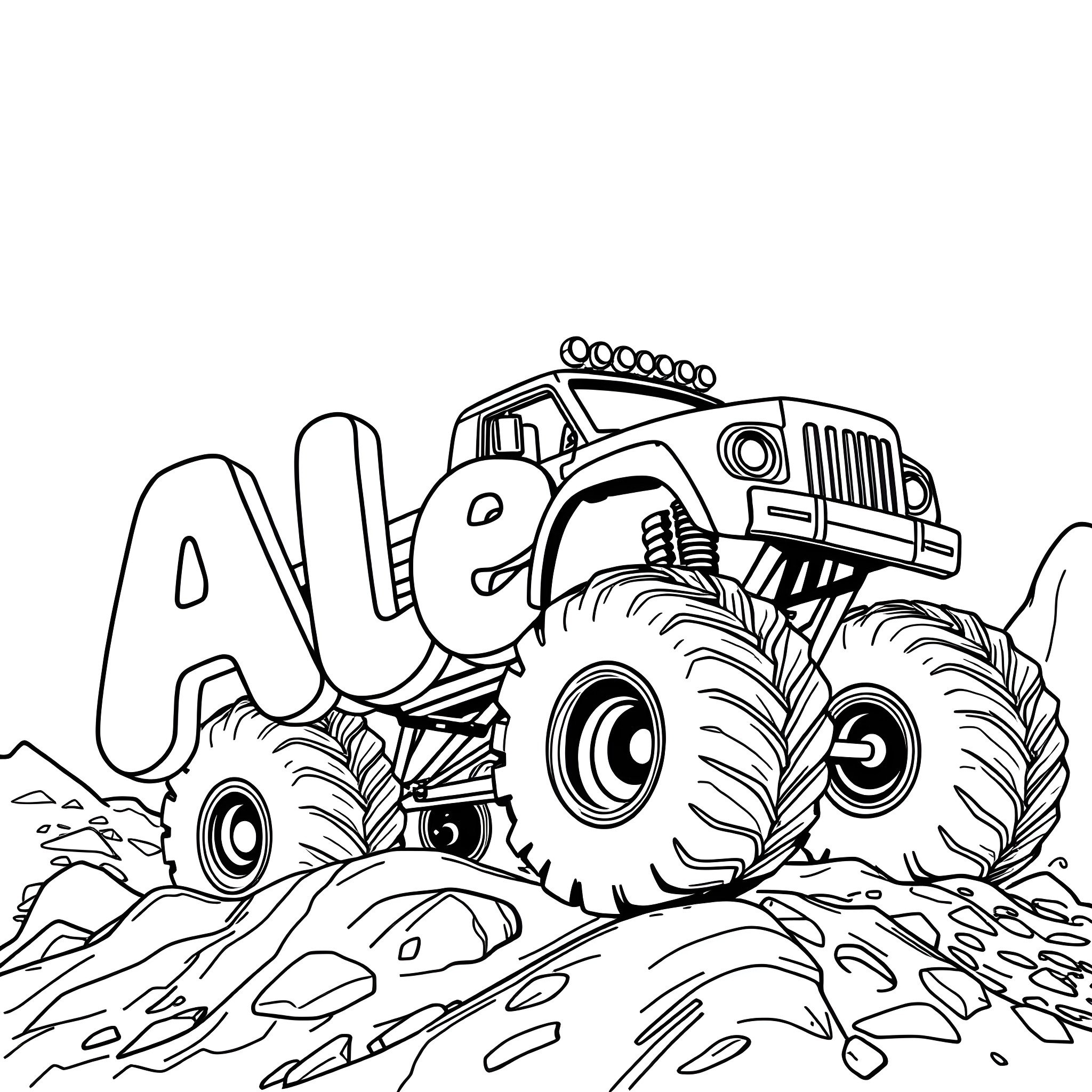 Monster Truck Tackling Rugged Terrain Coloring Page (free black-and-white line drawing printable PDF for all, from beginners to advanced learners, including children, teens, adults, and seniors)