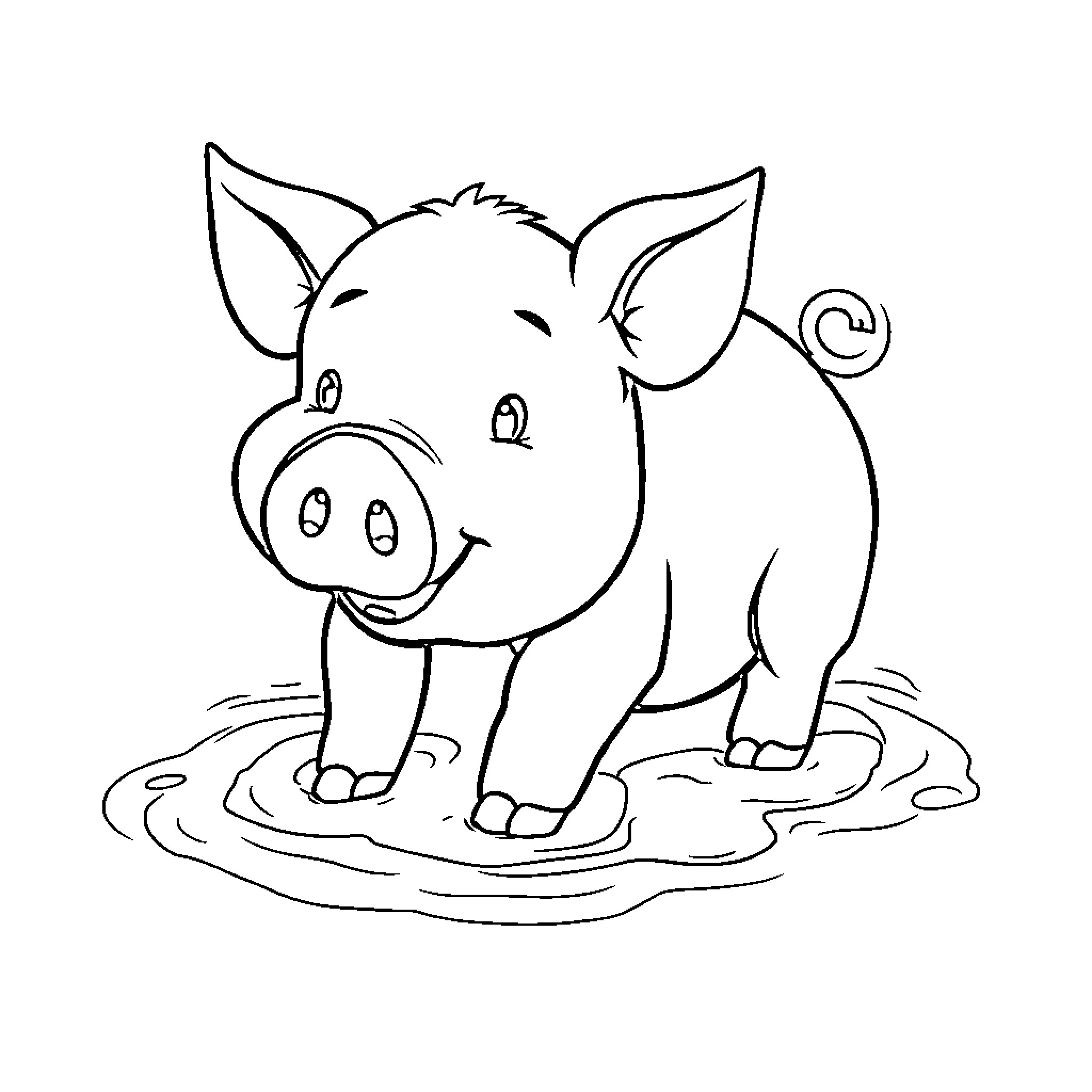 Pig playing happily in the mud Coloring Page (free black-and-white line drawing printable PDF for all, from beginners to advanced learners, including children, teens, adults, and seniors)