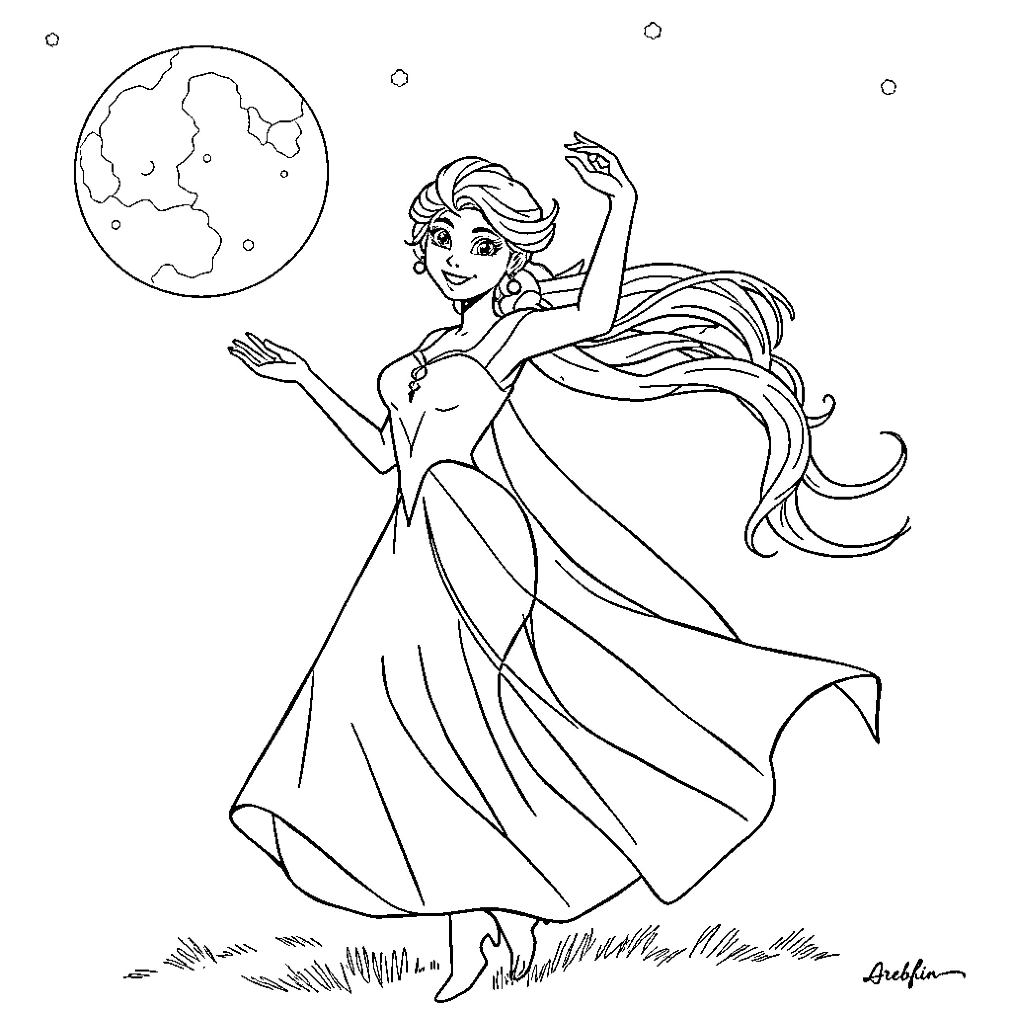 Elsa dancing joyfully under the moonlight Coloring Page (free black-and-white line drawing printable PDF for all, from beginners to advanced learners, including children, teens, adults, and seniors)
