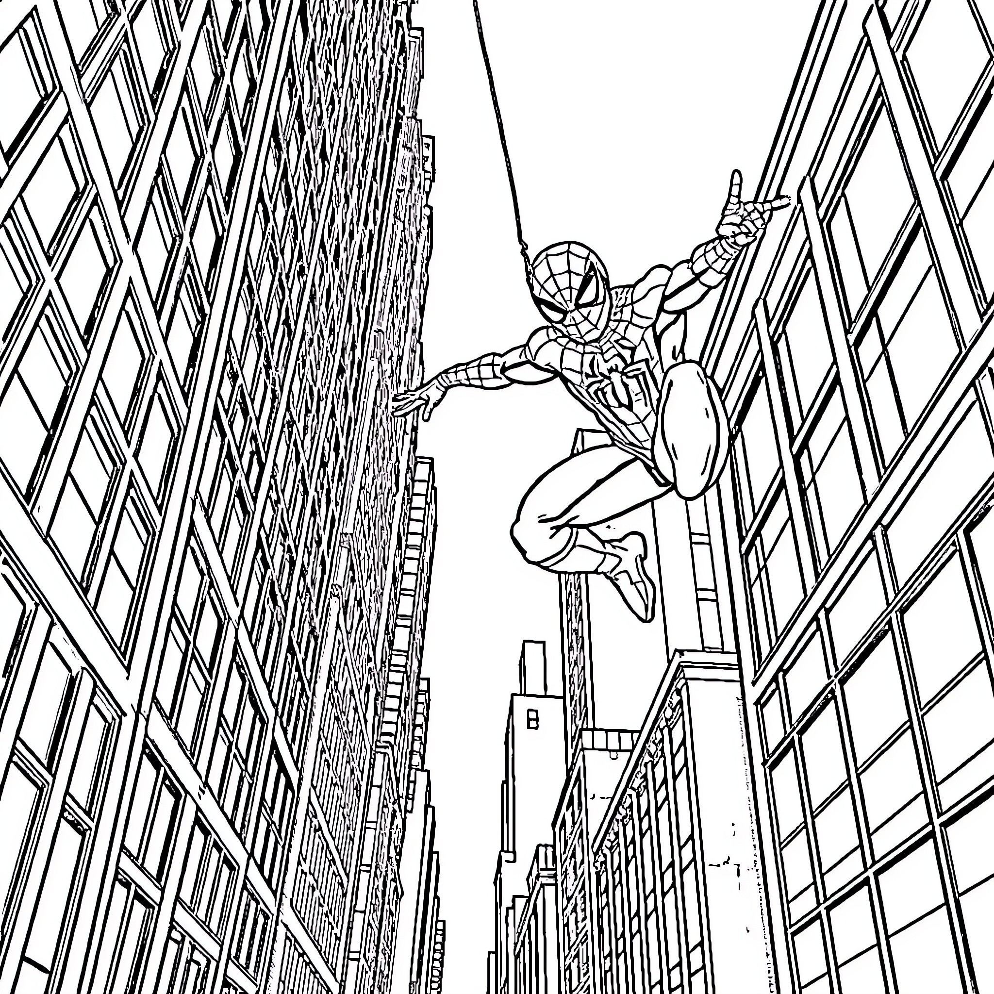 Spiderman web-slinging through the city skyline Coloring Page (free black-and-white line drawing printable PDF for all, from beginners to advanced learners, including children, teens, adults, and seniors)
