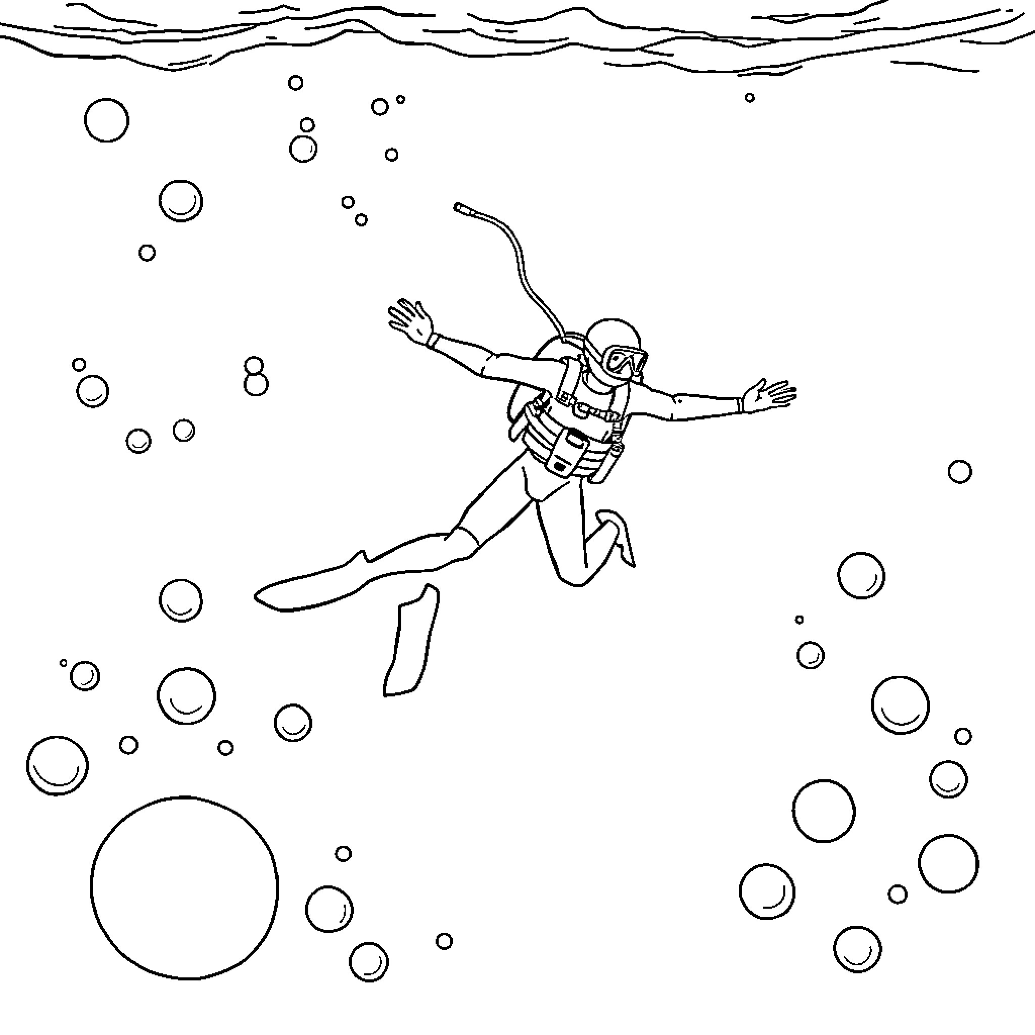 Diver exploring underwater with bubbles Coloring Page (free black-and-white line drawing printable PDF for all, from beginners to advanced learners, including children, teens, adults, and seniors)