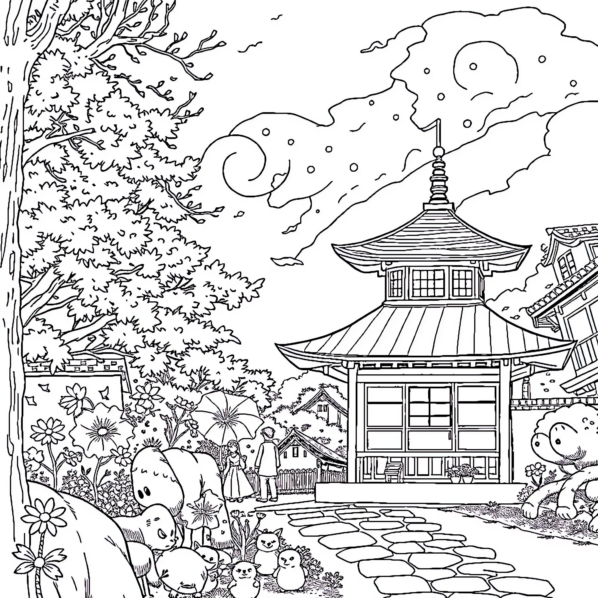 Ghibli Characters Exploring Enchanting Pagoda Scenery Coloring Page (free black-and-white line drawing printable PDF for all, from beginners to advanced learners, including children, teens, adults, and seniors)