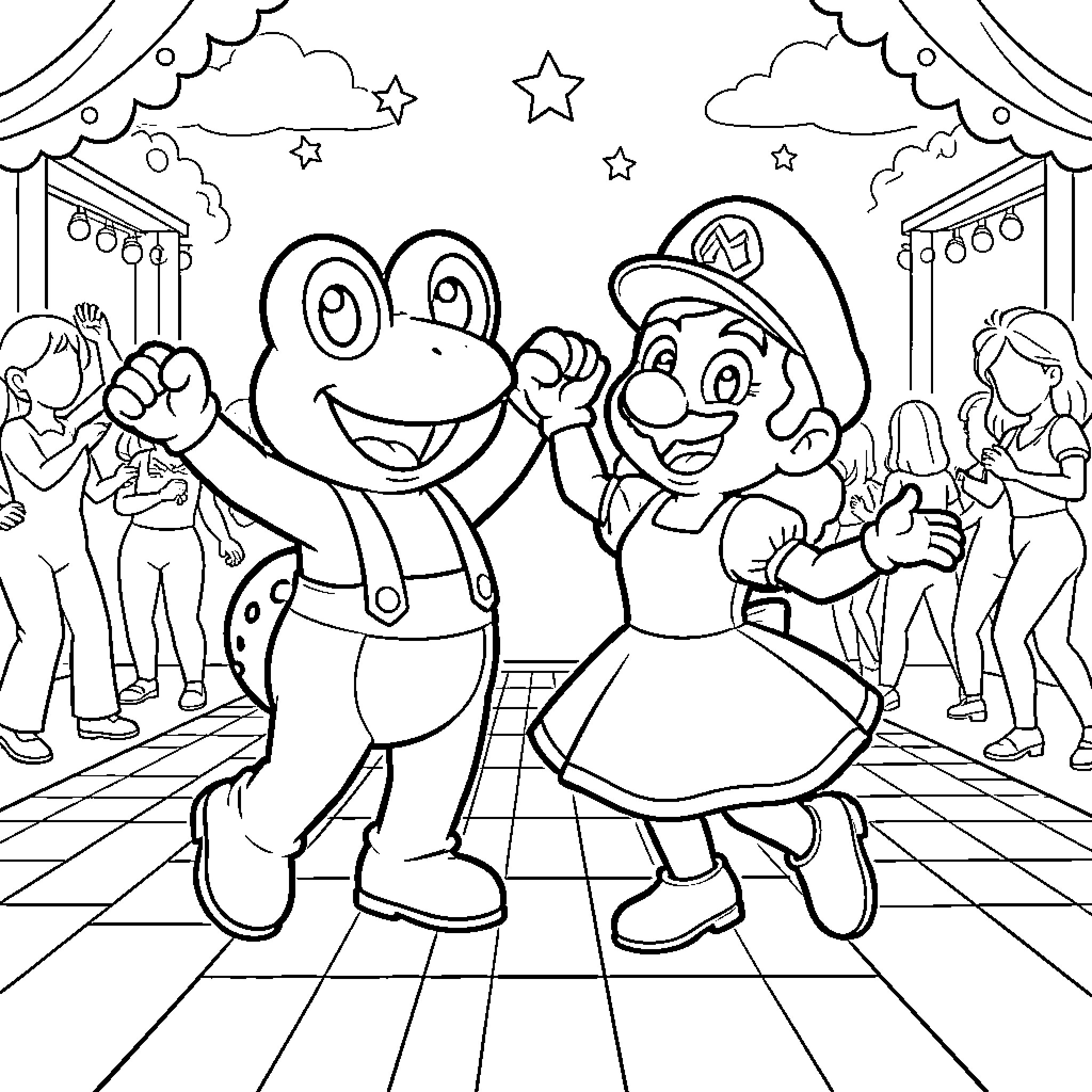 Toad and Mario dancing on stage Coloring Page (free black-and-white line drawing printable PDF for all, from beginners to advanced learners, including children, teens, adults, and seniors)