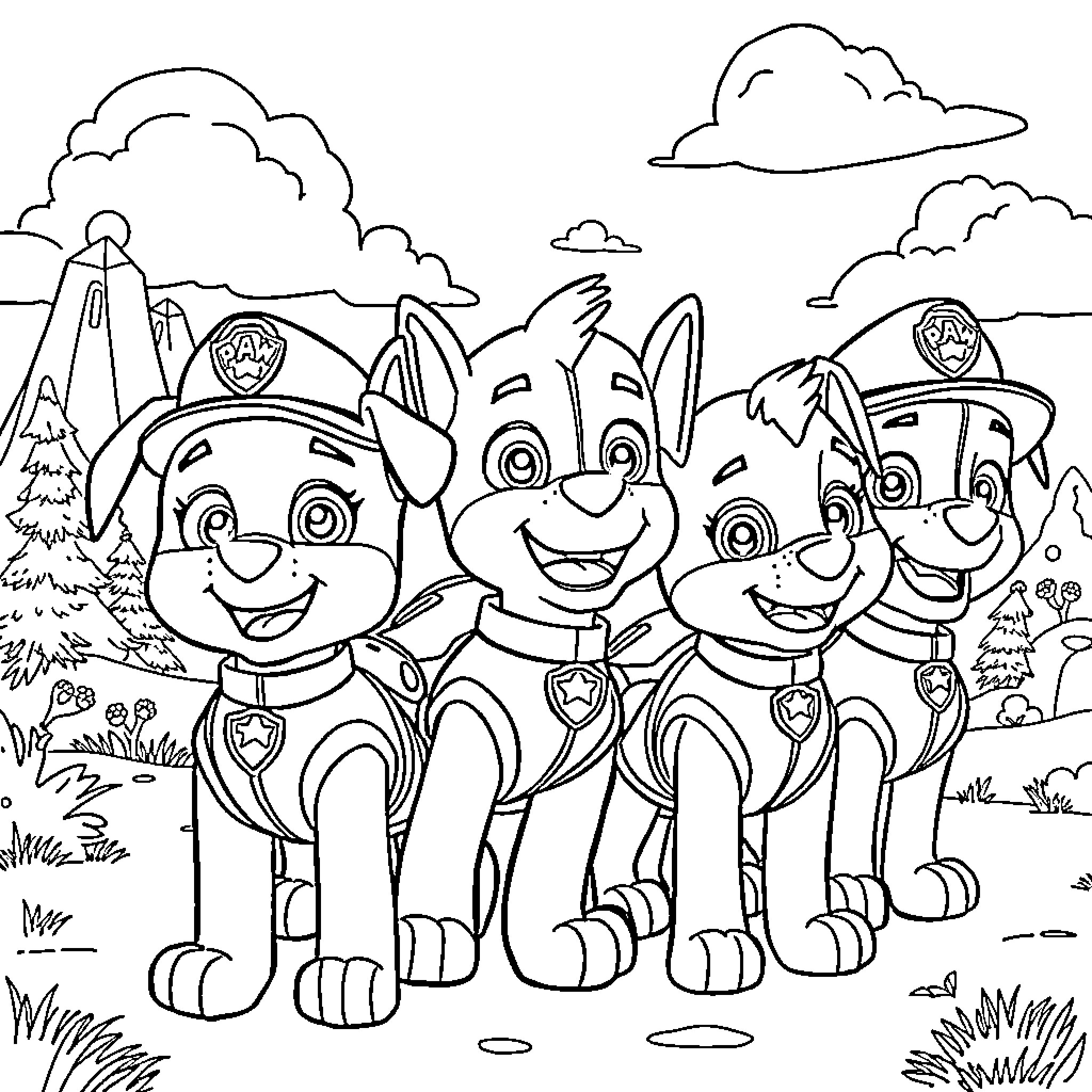 Paw Patrol Characters Enjoying Outdoor Adventure Coloring Page (free black-and-white line drawing printable PDF for all, from beginners to advanced learners, including children, teens, adults, and seniors)