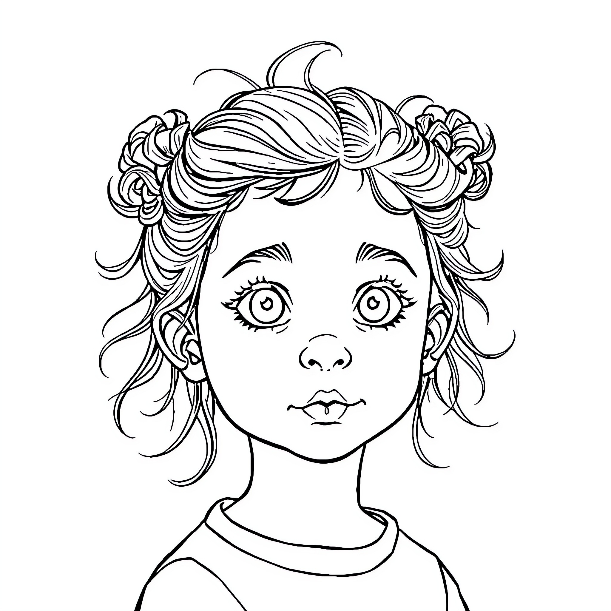Girl with Intricate Hairstyle Coloring Page (free black-and-white line drawing printable PDF for all, from beginners to advanced learners, including children, teens, adults, and seniors)