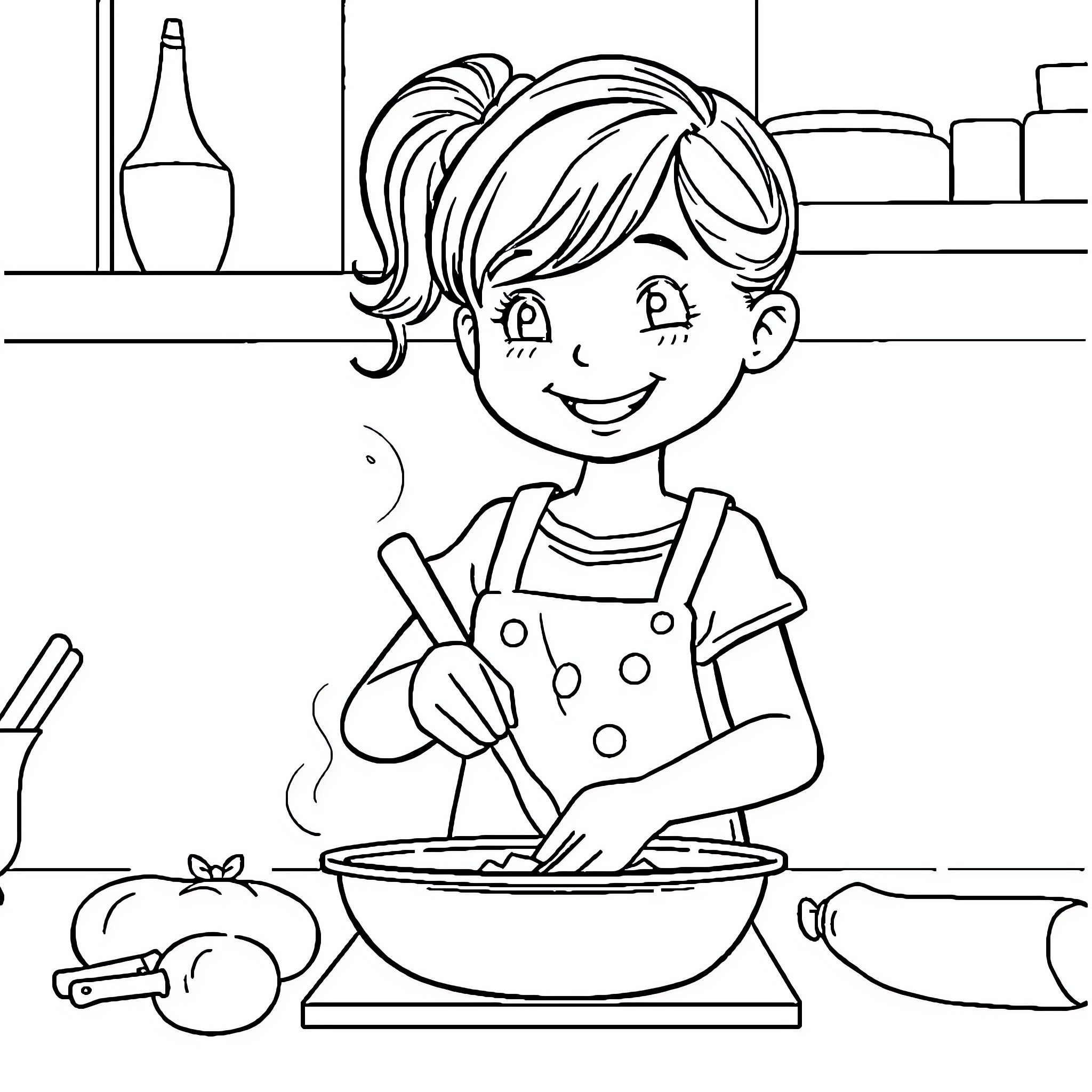Daughter Cooking a Meal with Joy Coloring Page (free black-and-white line drawing printable PDF for all, from beginners to advanced learners, including children, teens, adults, and seniors)