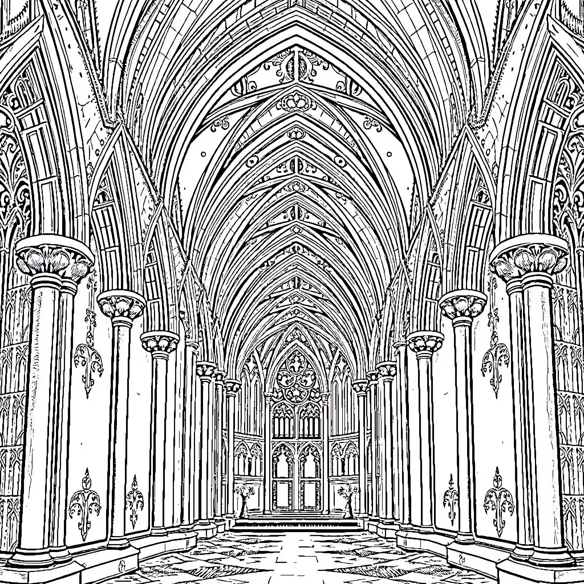 Gothic Grandeur: An Intricate Cathedral Interior Coloring Page (free black-and-white line drawing printable PDF for all, from beginners to advanced learners, including children, teens, adults, and seniors)