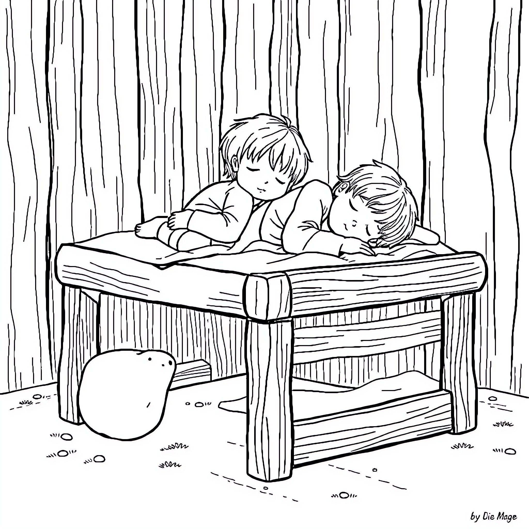 Enfant reading story together in cozy bedroom Coloring Page (free black-and-white line drawing printable PDF for all, from beginners to advanced learners, including children, teens, adults, and seniors)