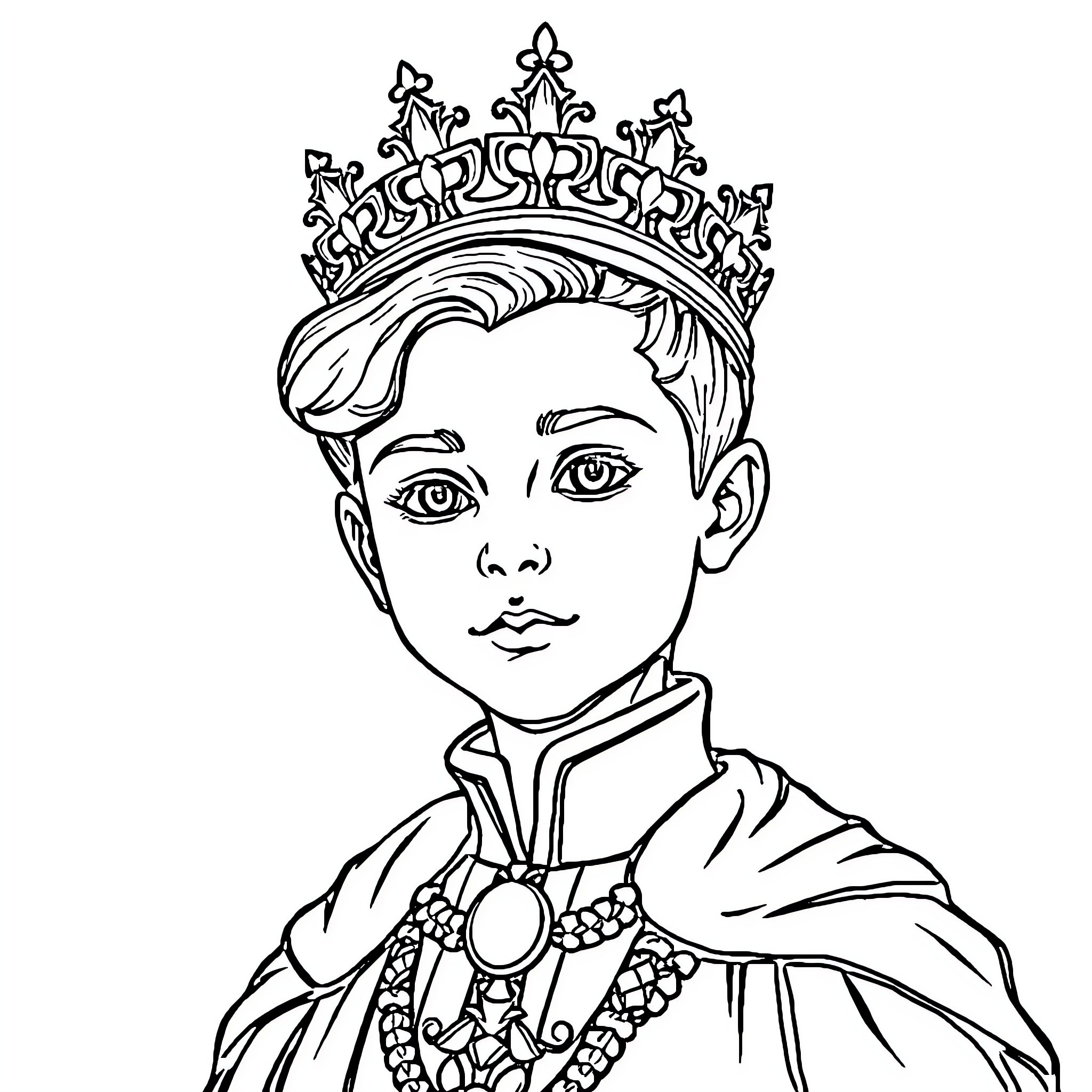 Prince wearing a regal crown and elaborate costume Coloring Page (free black-and-white line drawing printable PDF for all, from beginners to advanced learners, including children, teens, adults, and seniors)