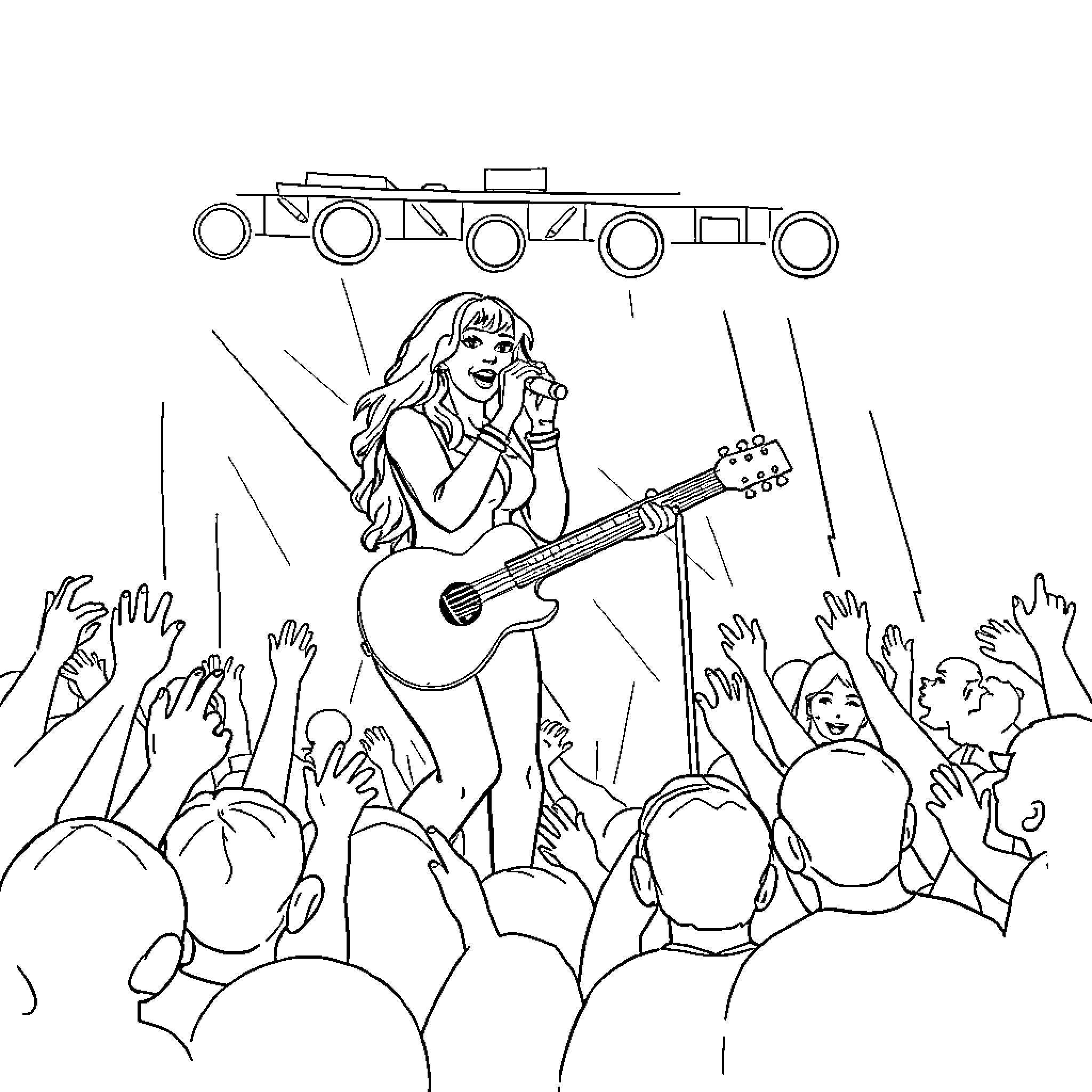 Rumi performing live music for cheering crowd Coloring Page (free black-and-white line drawing printable PDF for all, from beginners to advanced learners, including children, teens, adults, and seniors)