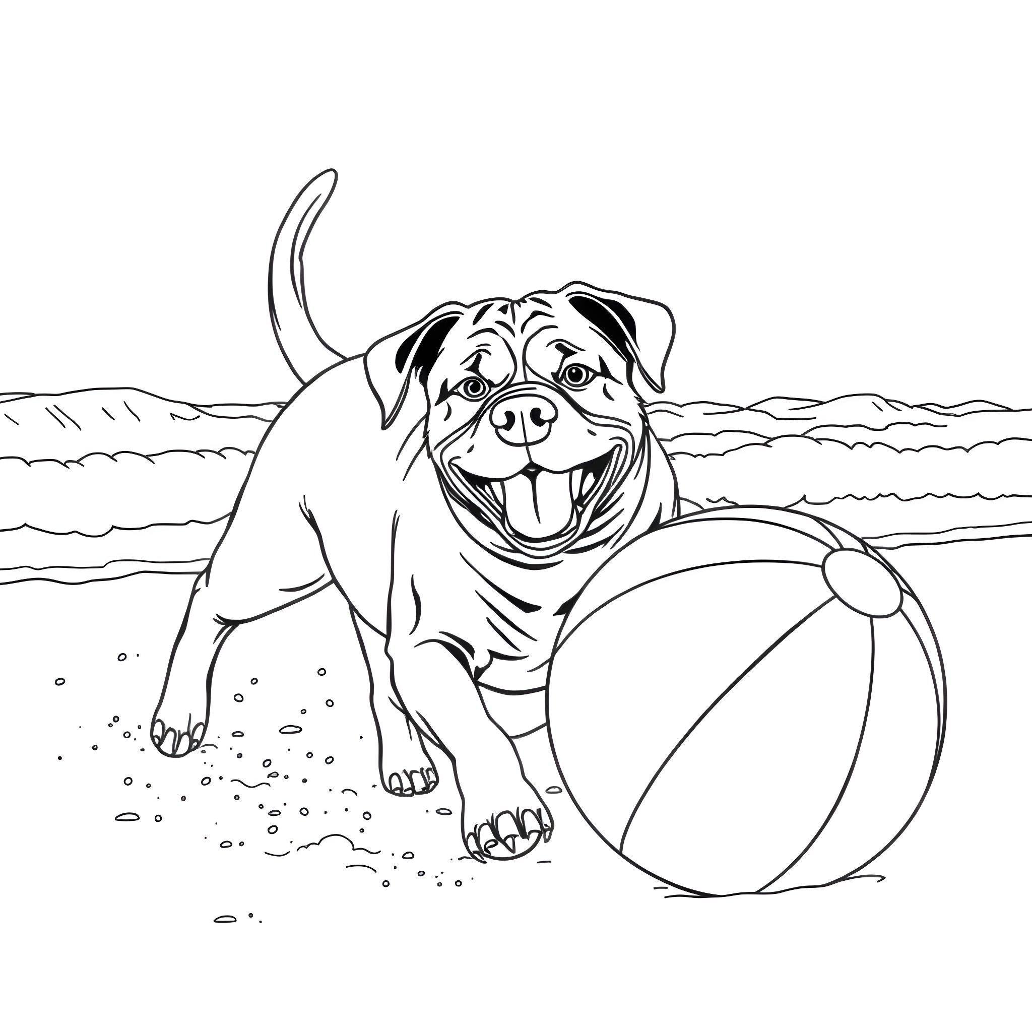 Rottweiler playing happily with beach ball Coloring Page (free black-and-white line drawing printable PDF for all, from beginners to advanced learners, including children, teens, adults, and seniors)