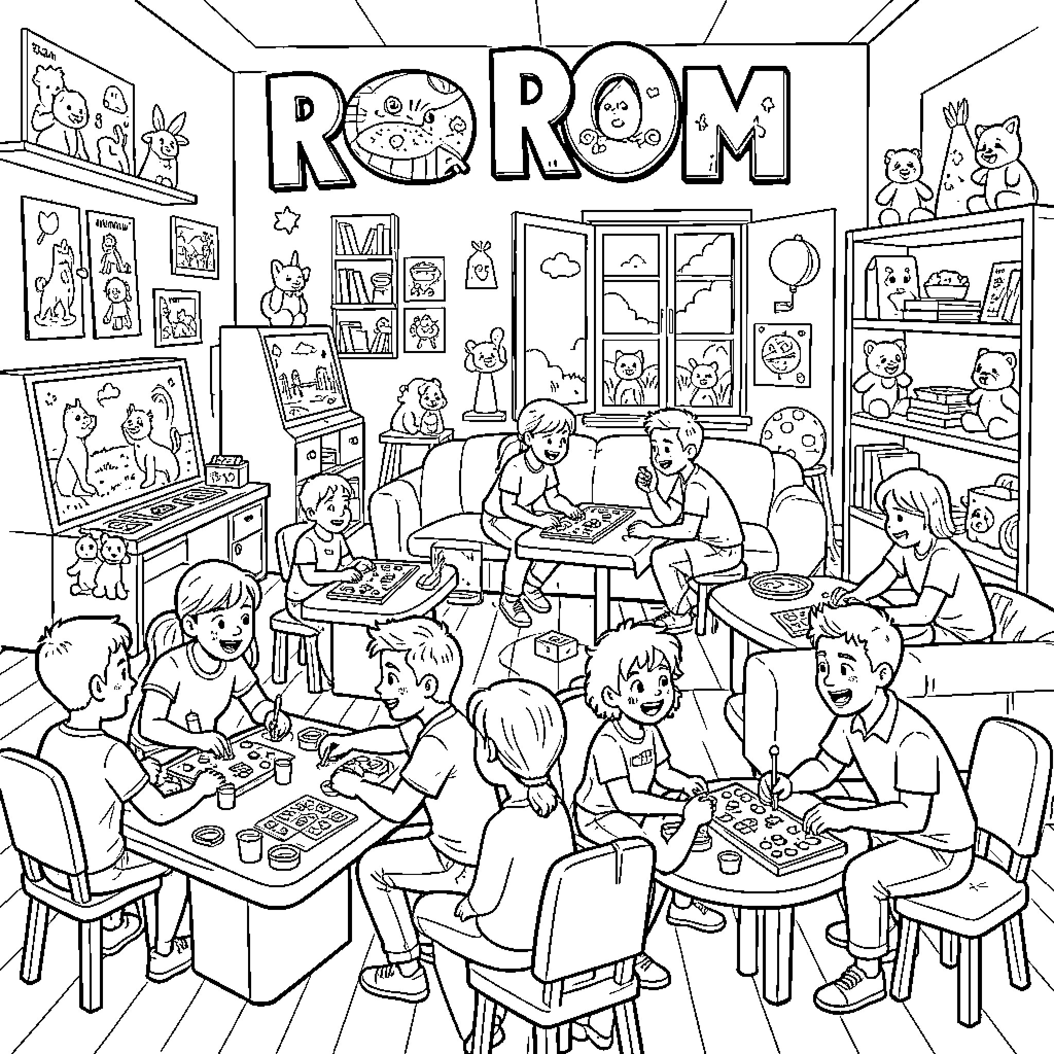 Rec Room: Group of people enjoying activities and socializing Coloring Page (free black-and-white line drawing printable PDF for all, from beginners to advanced learners, including children, teens, adults, and seniors)
