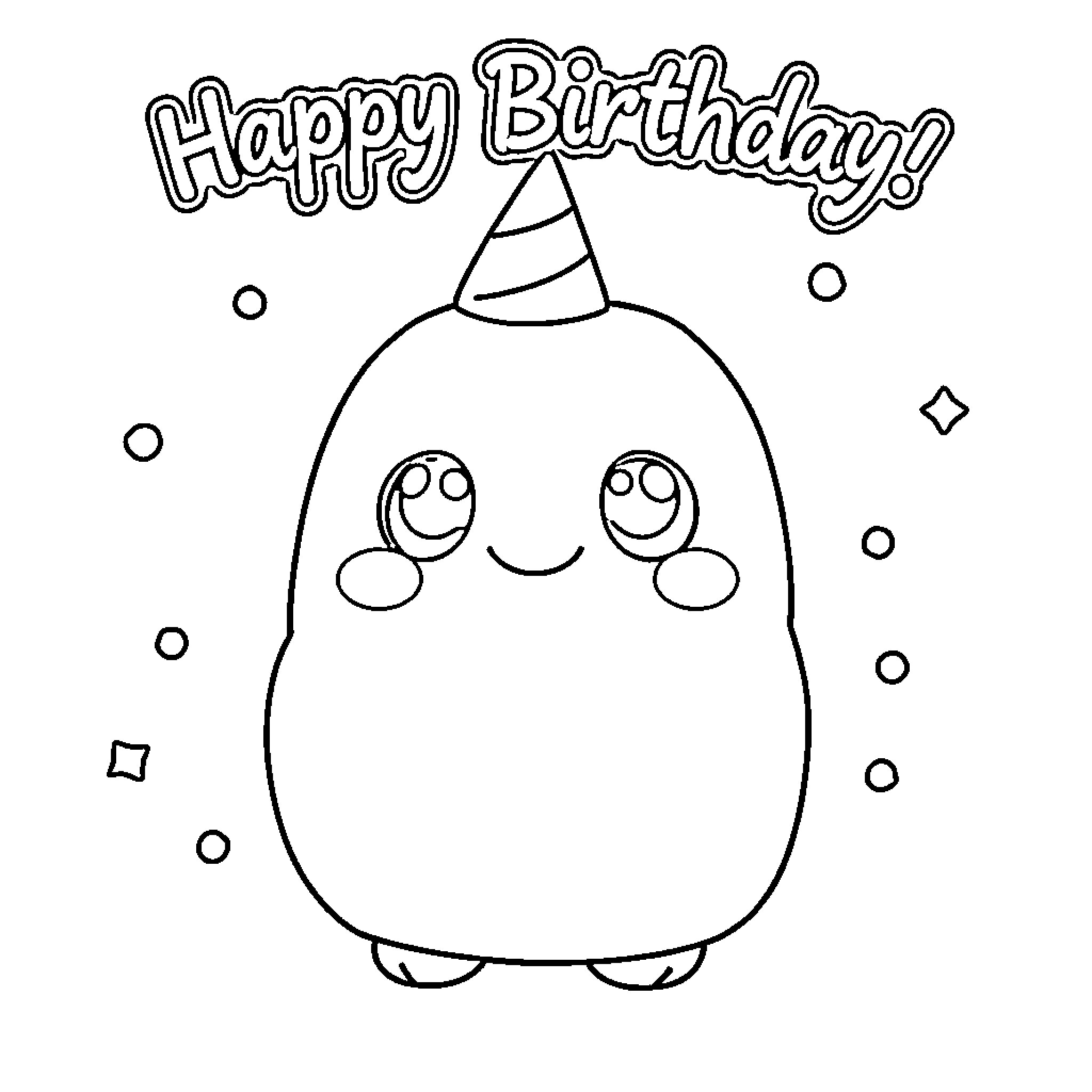 Squishmallow celebrating a happy birthday Coloring Page (free black-and-white line drawing printable PDF for all, from beginners to advanced learners, including children, teens, adults, and seniors)