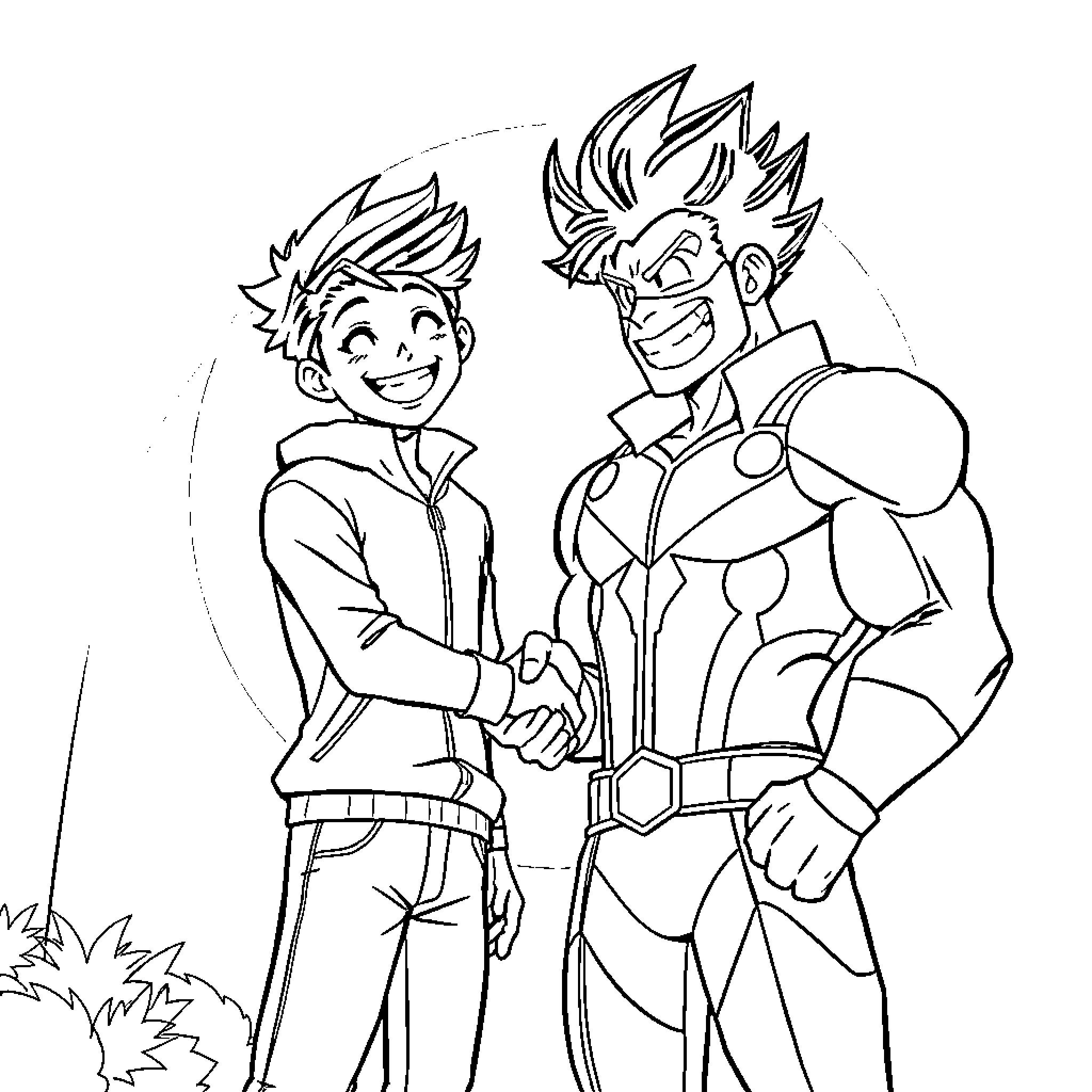 Izuku Midoriya and Superhero Shaking Hands Coloring Page (free black-and-white line drawing printable PDF for all, from beginners to advanced learners, including children, teens, adults, and seniors)