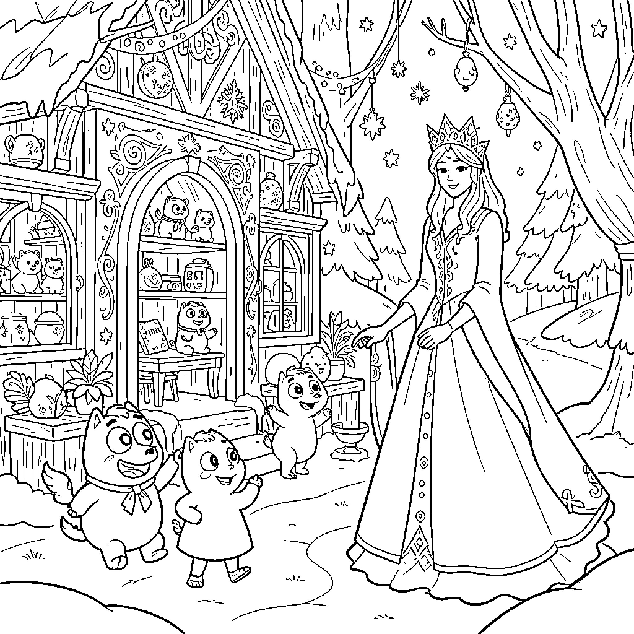 Bluey's Winter Wonderland Adventure Coloring Page (free black-and-white line drawing printable PDF for all, from beginners to advanced learners, including children, teens, adults, and seniors)