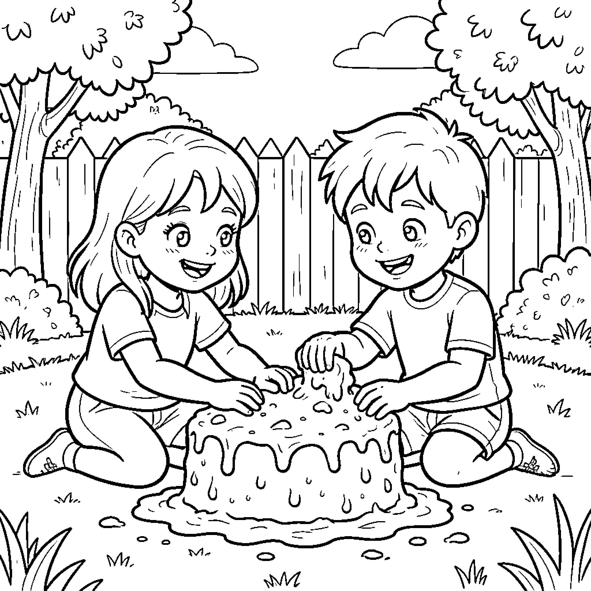 Child playing with mud or cake in the backyard Coloring Page (free black-and-white line drawing printable PDF for all, from beginners to advanced learners, including children, teens, adults, and seniors)