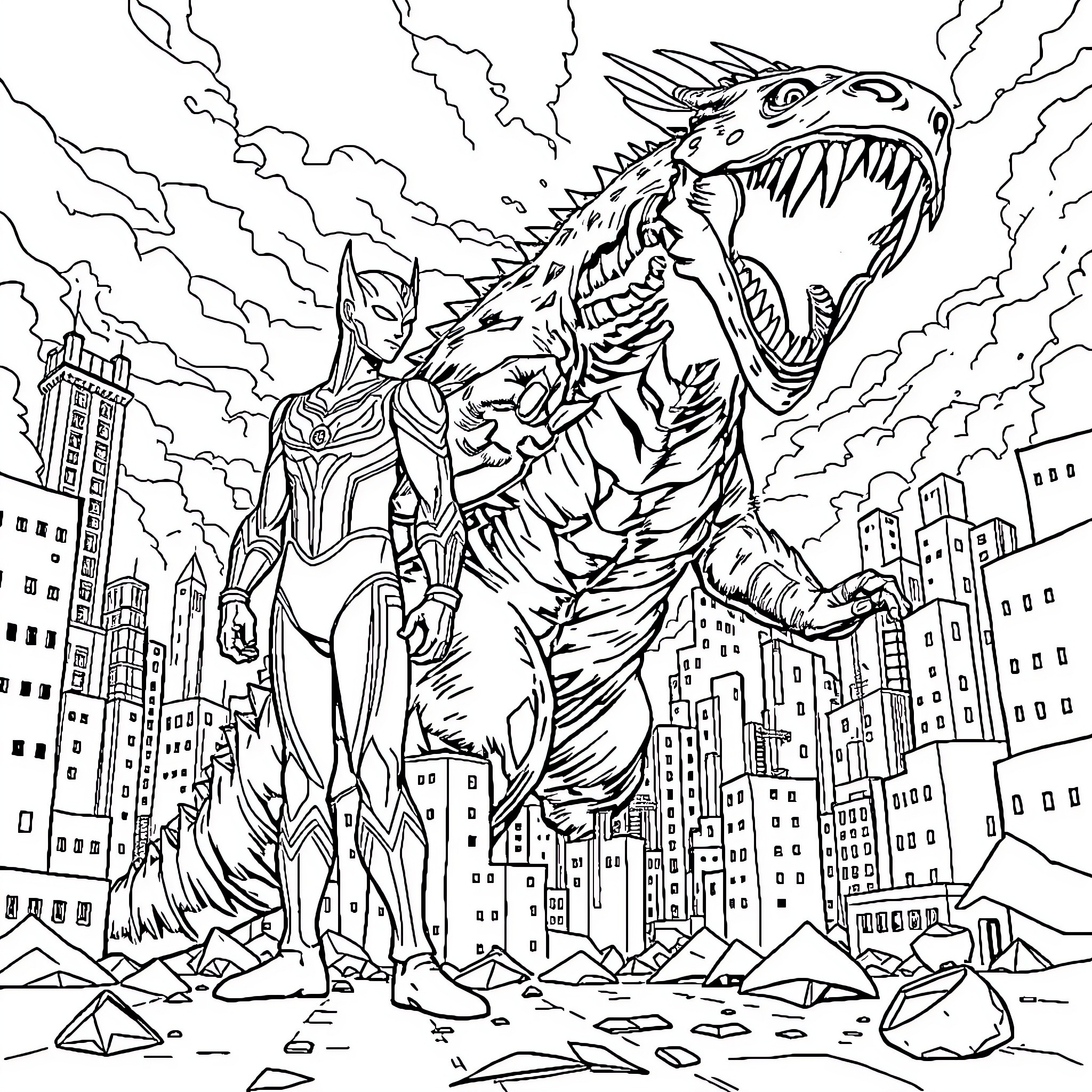 Ultraman battling a monstrous creature in a city Coloring Page (free black-and-white line drawing printable PDF for all, from beginners to advanced learners, including children, teens, adults, and seniors)