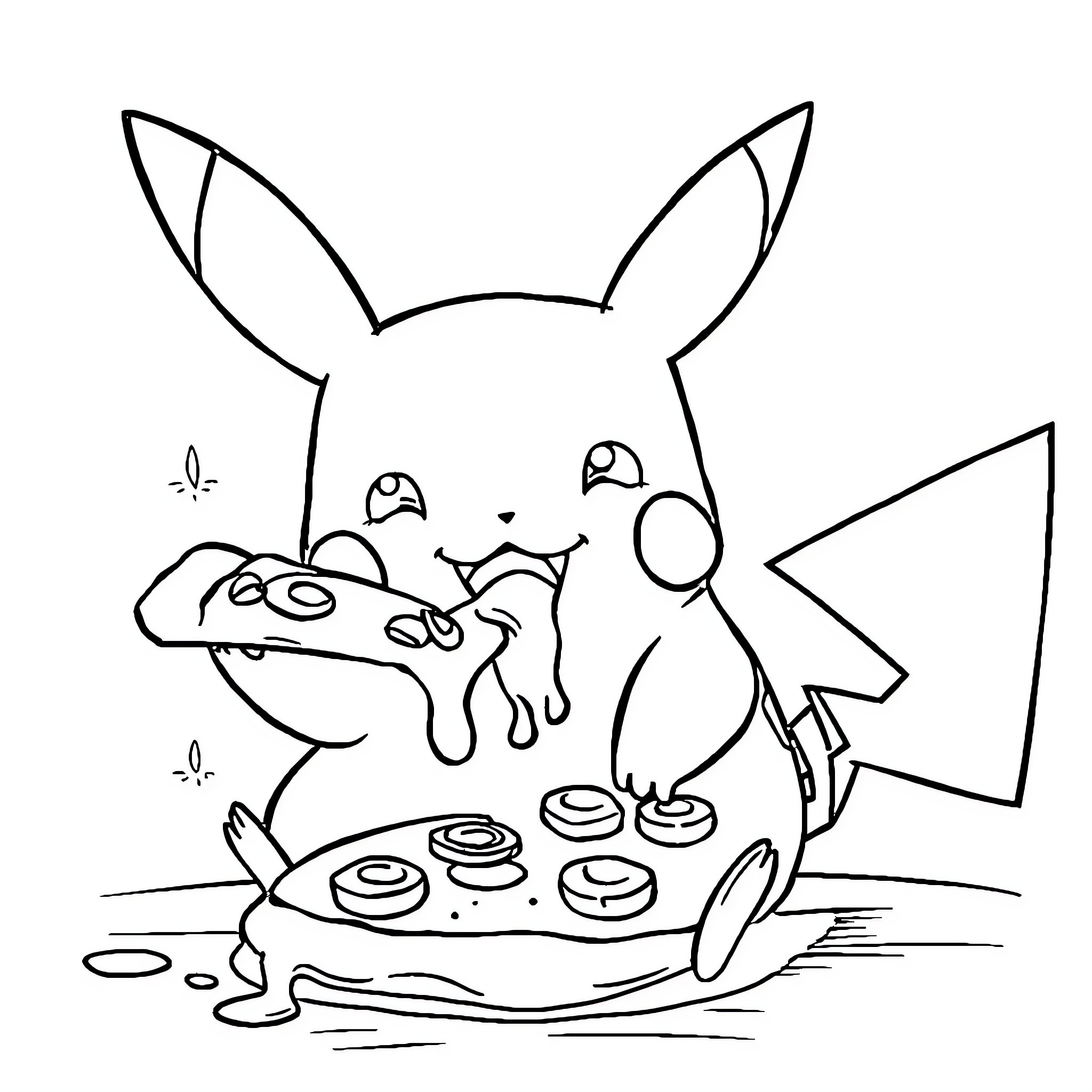 Pikachu playing with video game controller Coloring Page (free black-and-white line drawing printable PDF for all, from beginners to advanced learners, including children, teens, adults, and seniors)