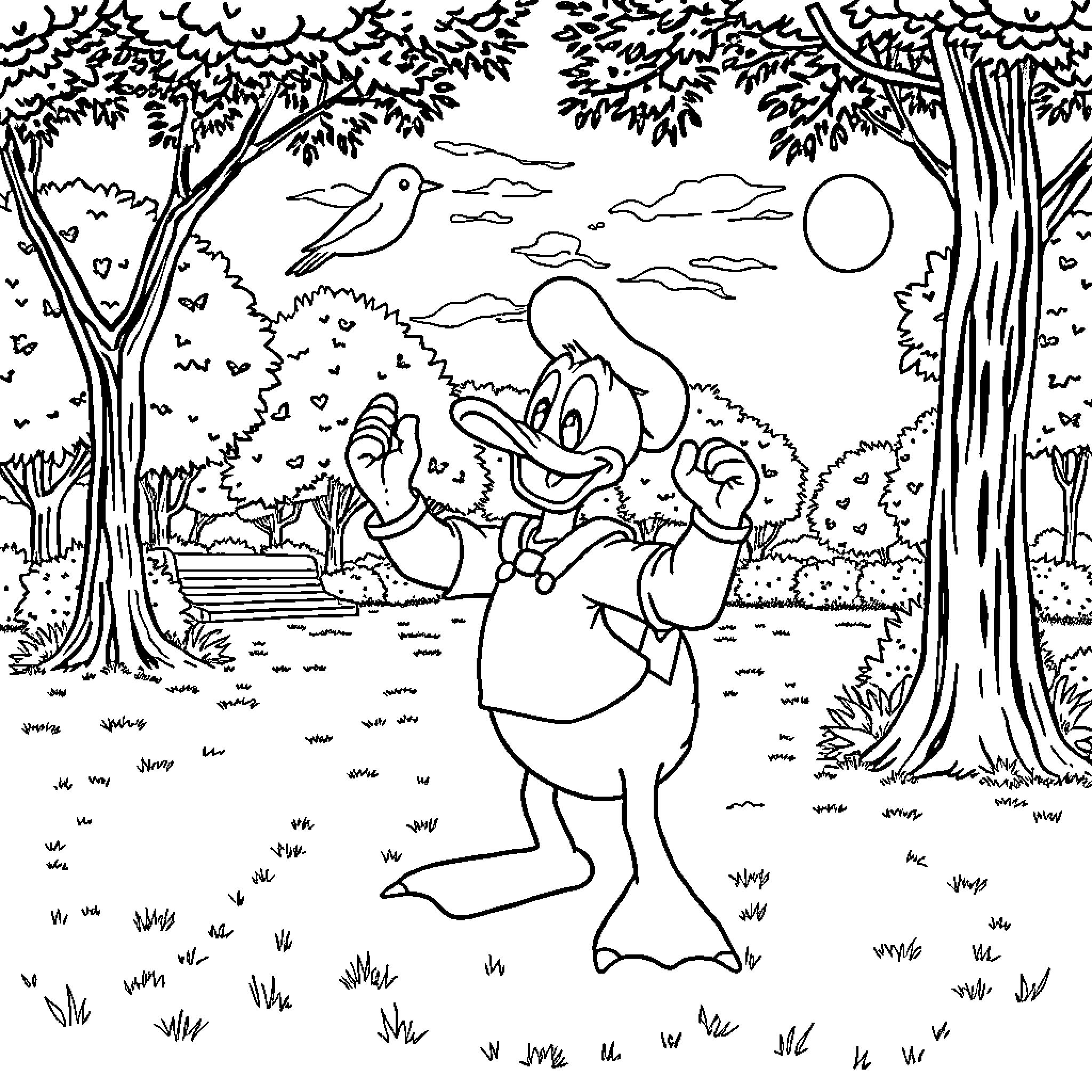 Donald Duck exploring the lush forest landscape Coloring Page (free black-and-white line drawing printable PDF for all, from beginners to advanced learners, including children, teens, adults, and seniors)