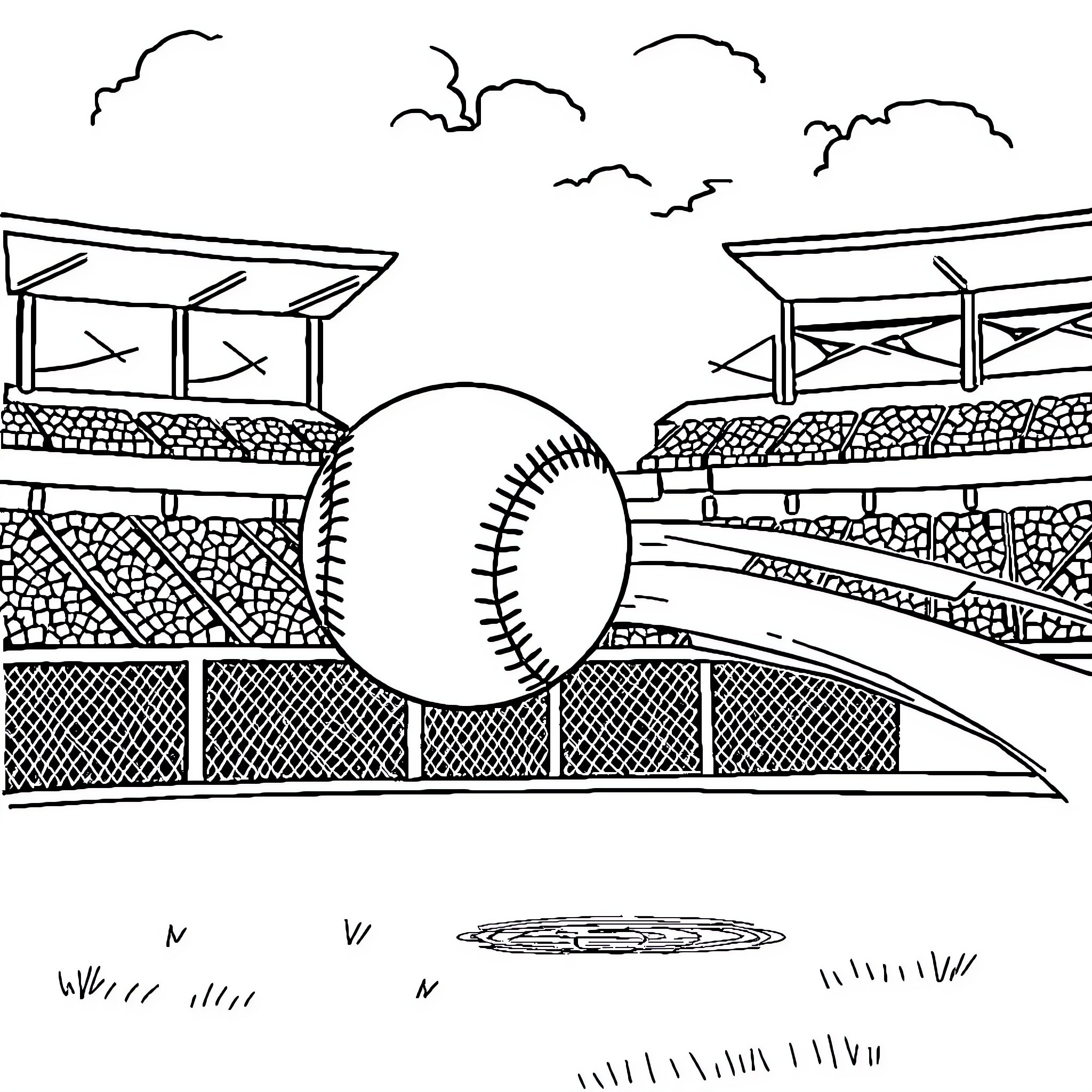 Baseball game in the stadium Coloring Page (free black-and-white line drawing printable PDF for all, from beginners to advanced learners, including children, teens, adults, and seniors)