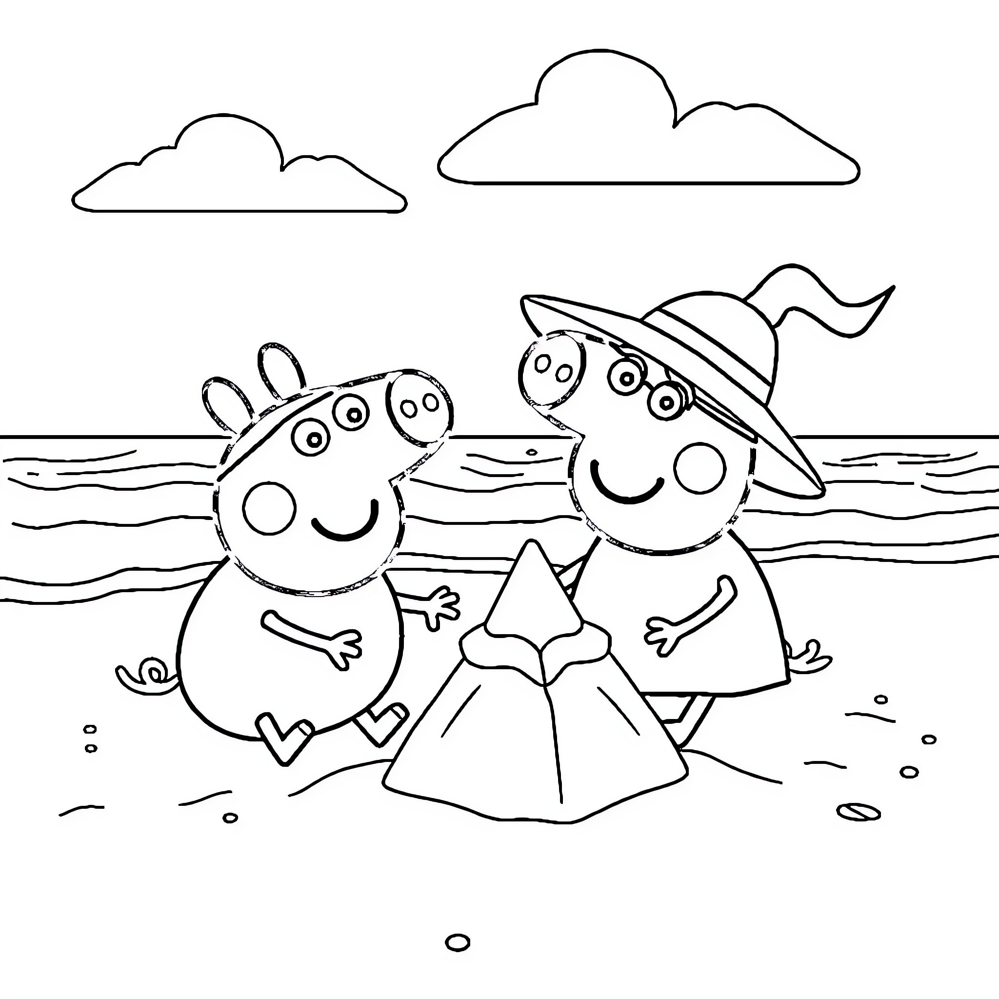 Peppa Pig and friends enjoy a day at the beach Coloring Page (free black-and-white line drawing printable PDF for all, from beginners to advanced learners, including children, teens, adults, and seniors)