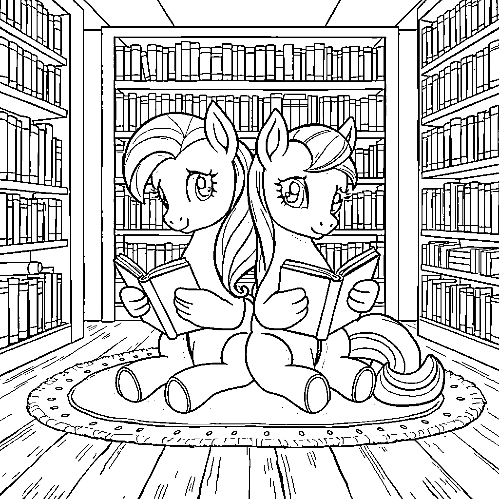 Pony friends reading books in the library Coloring Page (free black-and-white line drawing printable PDF for all, from beginners to advanced learners, including children, teens, adults, and seniors)
