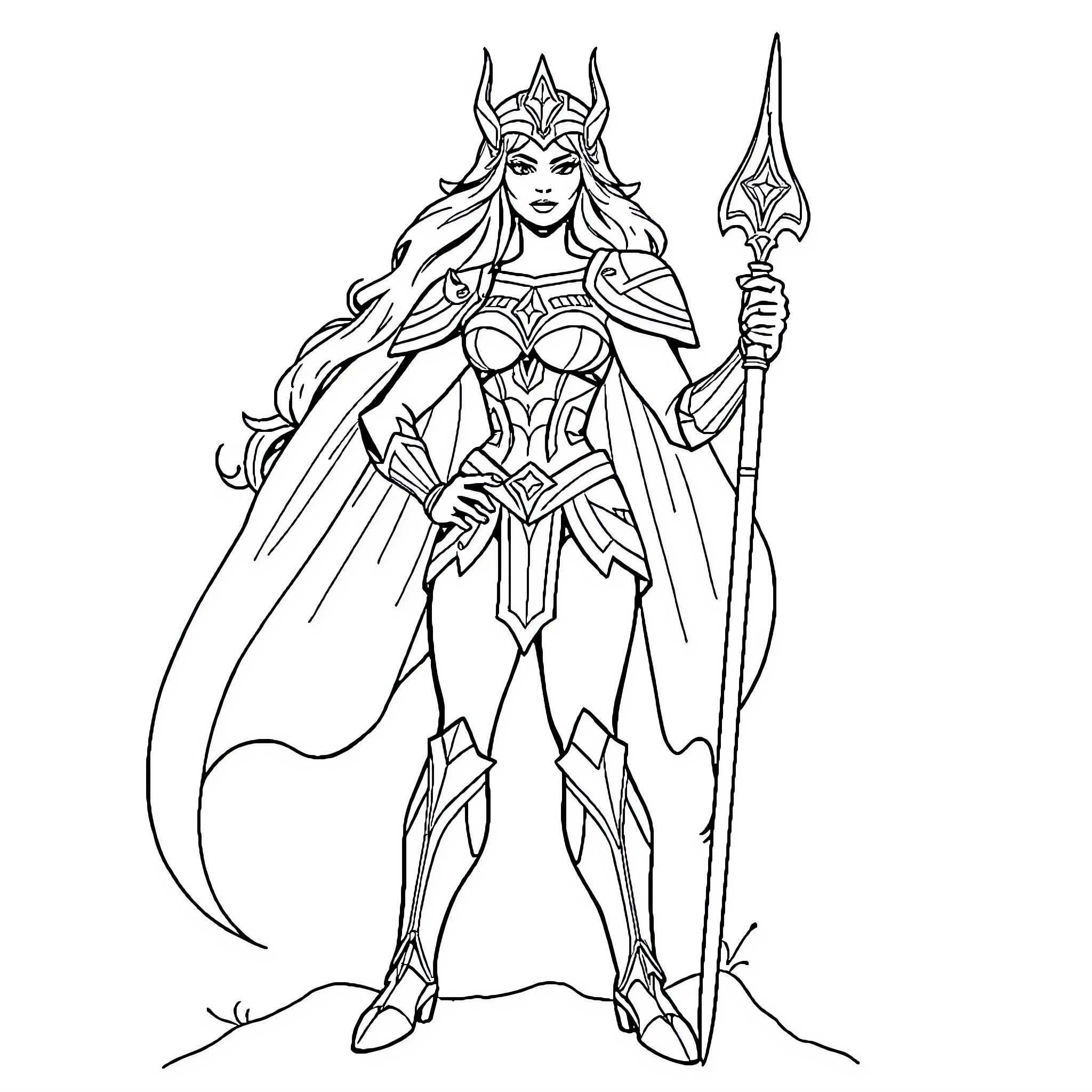 She-Ra in powerful warrior pose with weapon Coloring Page (free black-and-white line drawing printable PDF for all, from beginners to advanced learners, including children, teens, adults, and seniors)