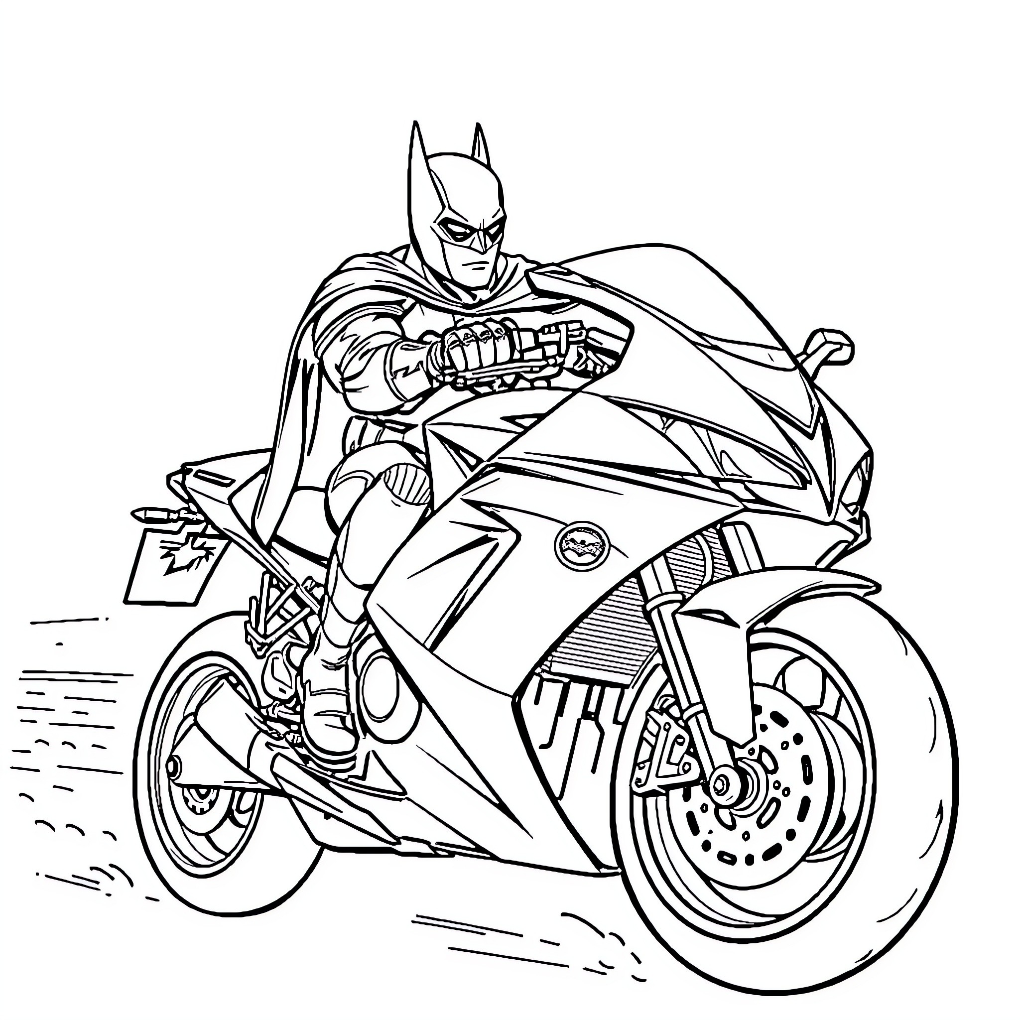 Batman riding a powerful motorcycle Coloring Page (free black-and-white line drawing printable PDF for all, from beginners to advanced learners, including children, teens, adults, and seniors)