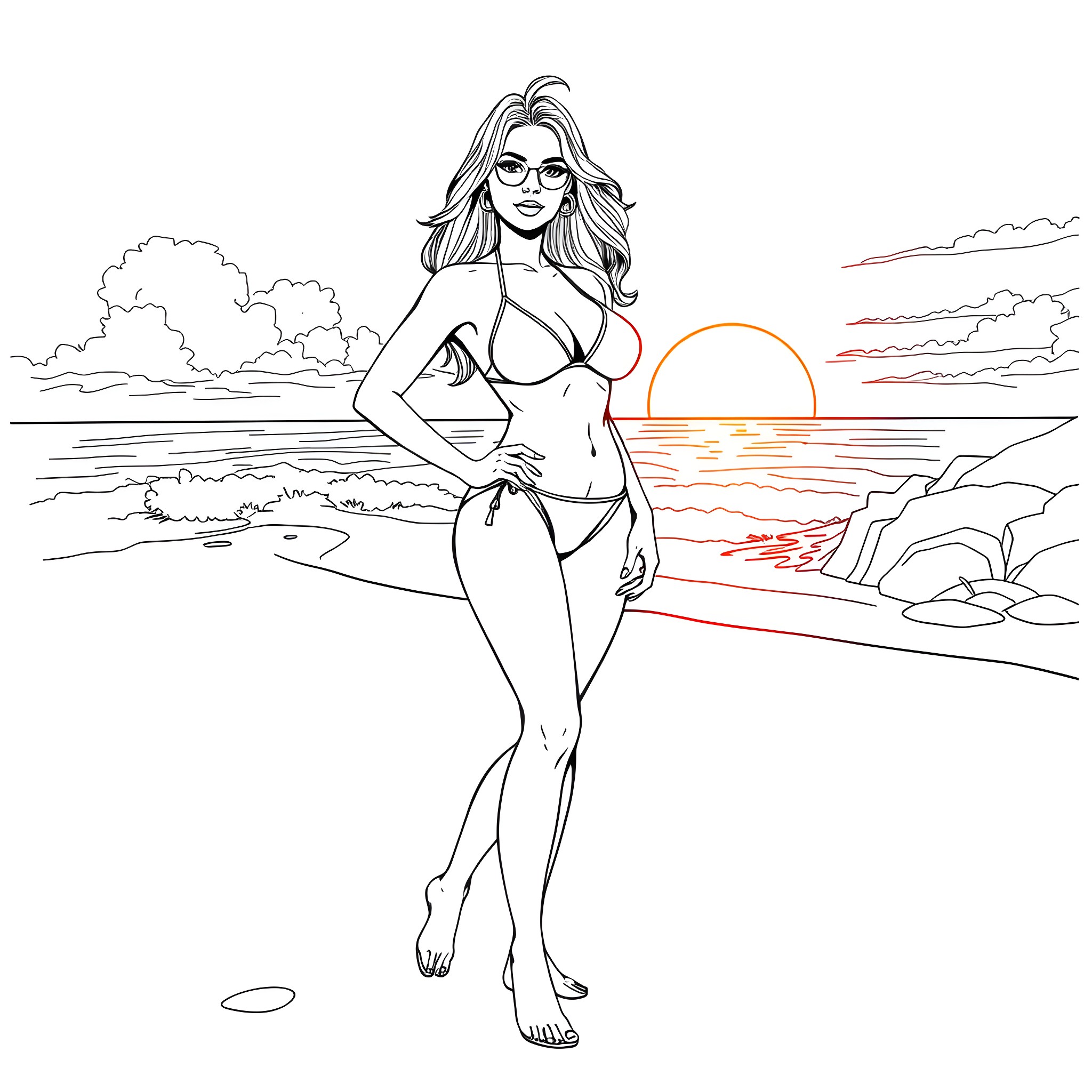 Woman posing confidently on beach at sunset Coloring Page (free black-and-white line drawing printable PDF for all, from beginners to advanced learners, including children, teens, adults, and seniors)