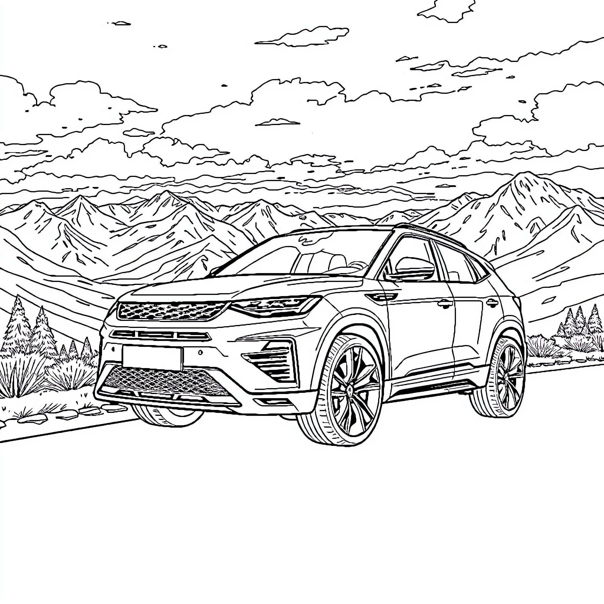 Cupra Ateca SUV in mountain landscape Coloring Page (free black-and-white line drawing printable PDF for all, from beginners to advanced learners, including children, teens, adults, and seniors)