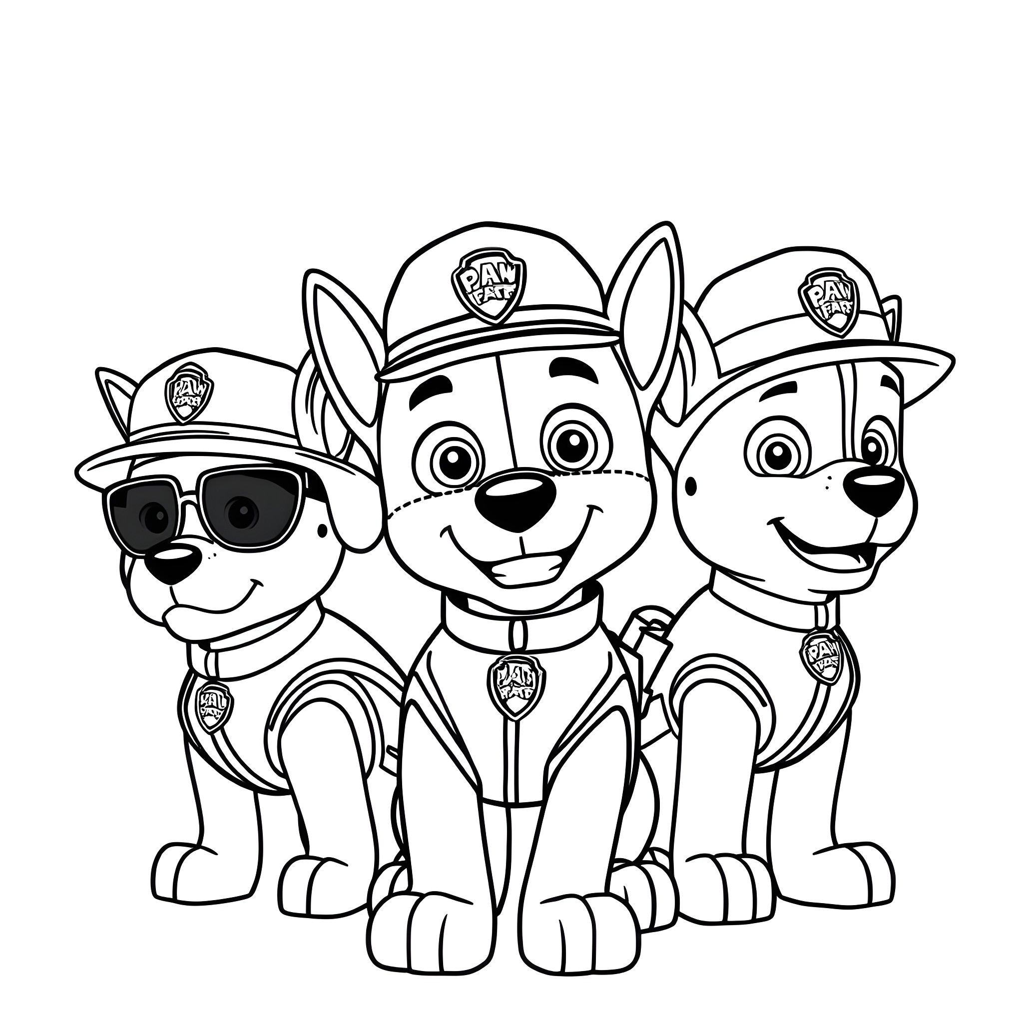 Paw Patrol heroes in action poses Coloring Page (free black-and-white line drawing printable PDF for all, from beginners to advanced learners, including children, teens, adults, and seniors)