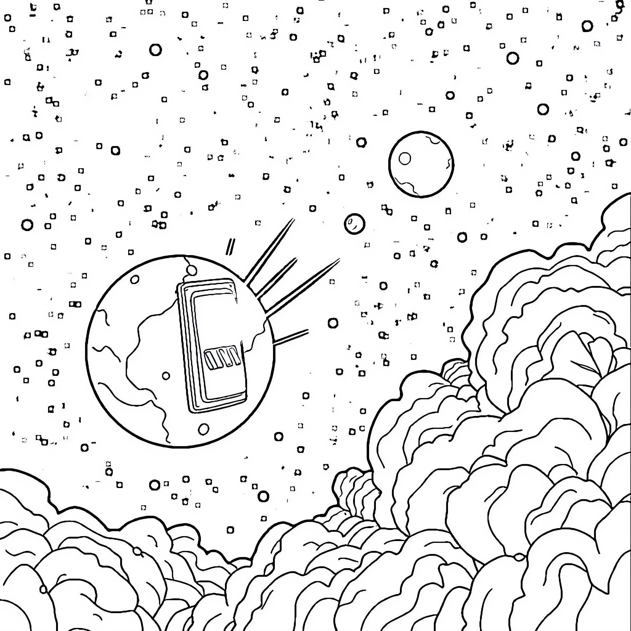 Switch between digital and cosmic dimensions Coloring Page (free black-and-white line drawing printable PDF for all, from beginners to advanced learners, including children, teens, adults, and seniors)