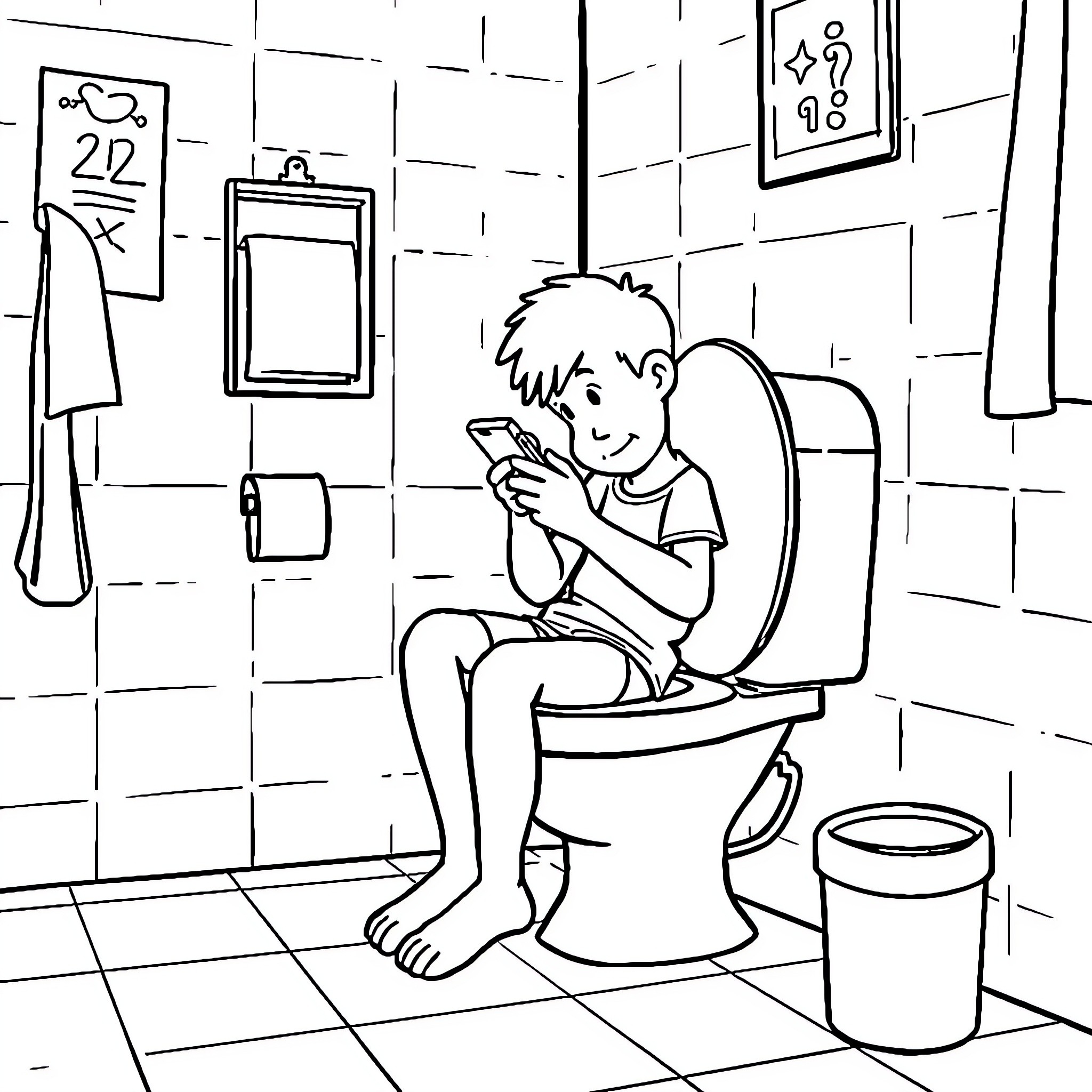 Peter's Bathroom Break with Phone Coloring Page (free black-and-white line drawing printable PDF for all, from beginners to advanced learners, including children, teens, adults, and seniors)