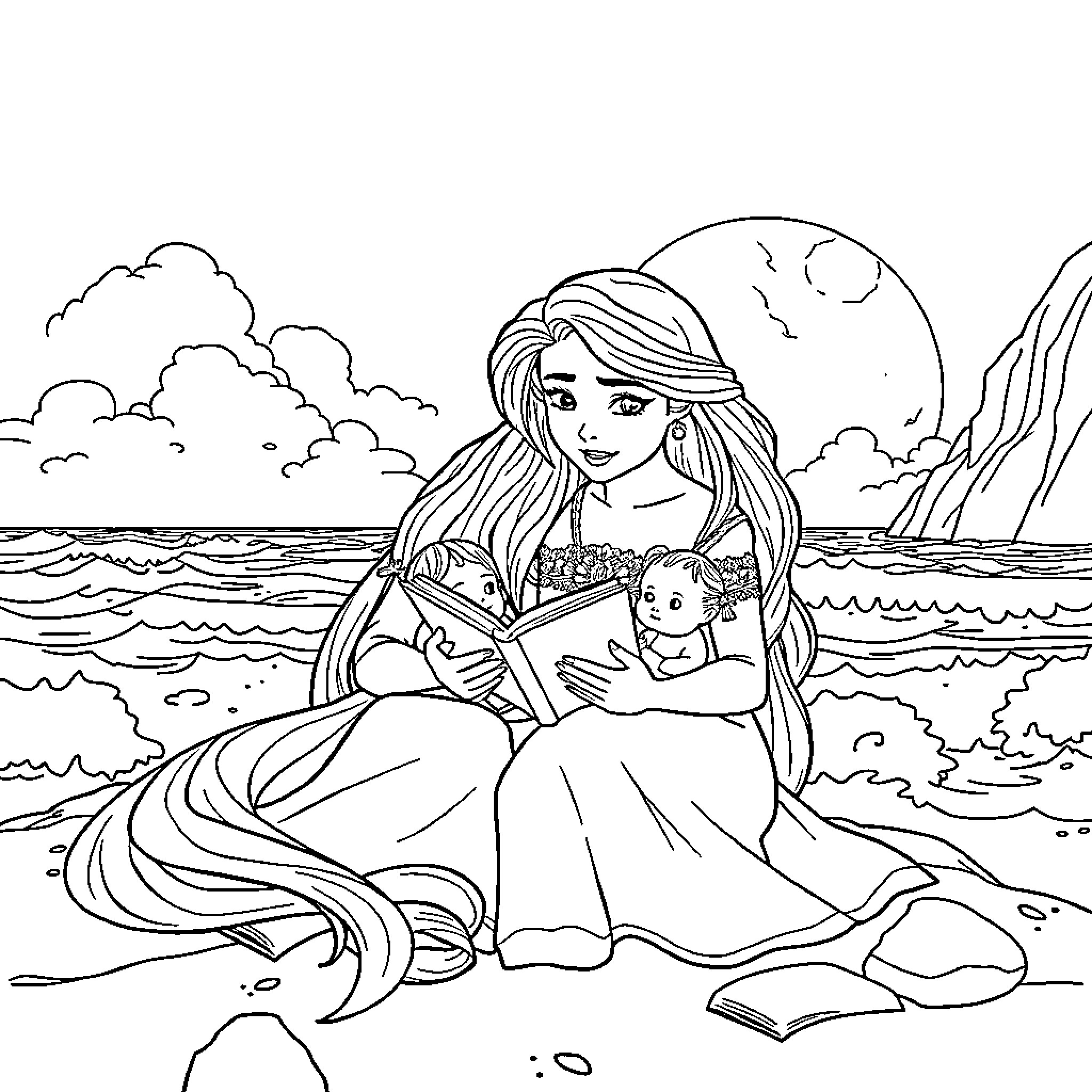 Rapunzel reading by the serene ocean Coloring Page (free black-and-white line drawing printable PDF for all, from beginners to advanced learners, including children, teens, adults, and seniors)