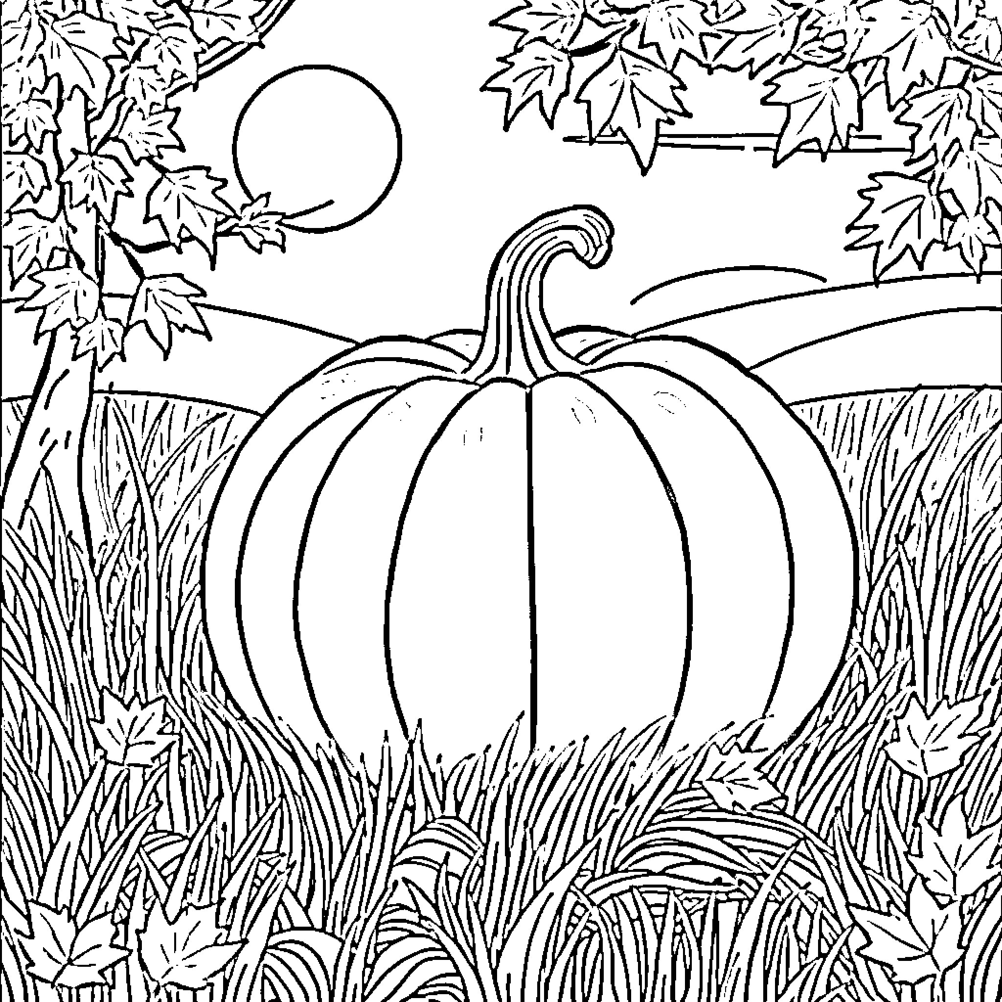 Pumpkin in autumn landscape with leaves and moon Coloring Page (free black-and-white line drawing printable PDF for all, from beginners to advanced learners, including children, teens, adults, and seniors)