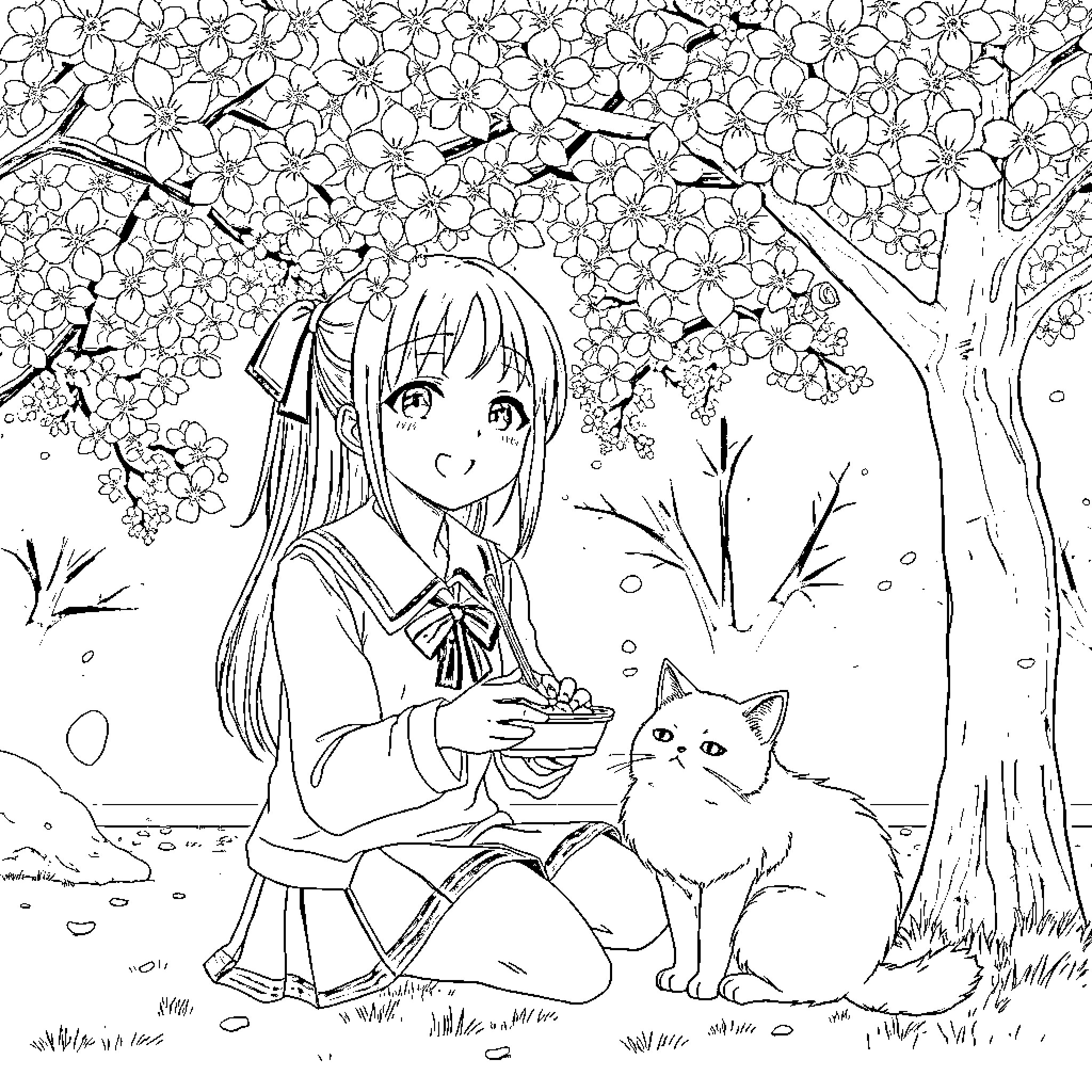 Anime Girl Feeding a Cat in a Floral Garden Coloring Page (free black-and-white line drawing printable PDF for all, from beginners to advanced learners, including children, teens, adults, and seniors)