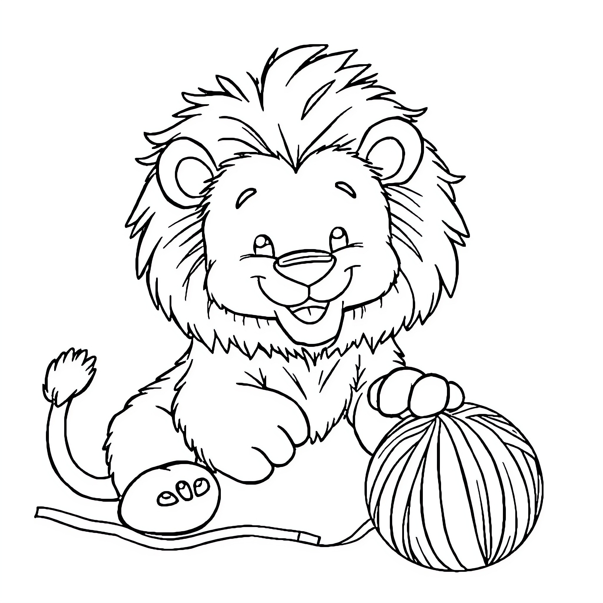 Lion playing with yarn and ball Coloring Page (free black-and-white line drawing printable PDF for all, from beginners to advanced learners, including children, teens, adults, and seniors)