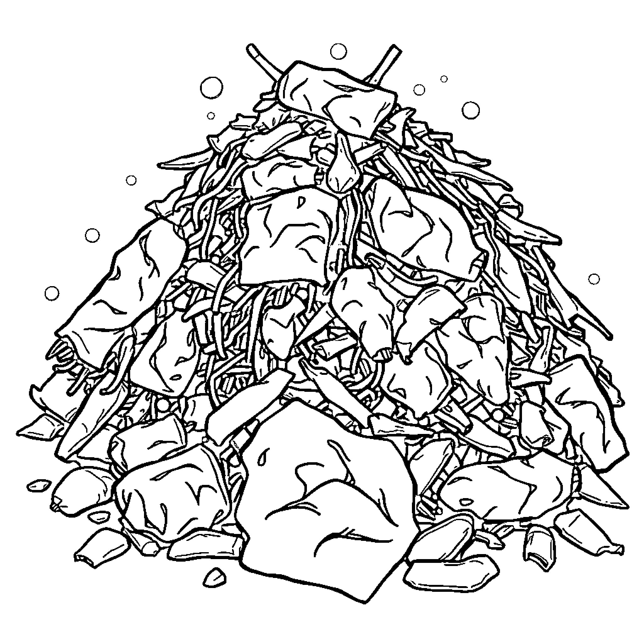Caca-mound of chaotic shreds and debris Coloring Page (free black-and-white line drawing printable PDF for all, from beginners to advanced learners, including children, teens, adults, and seniors)