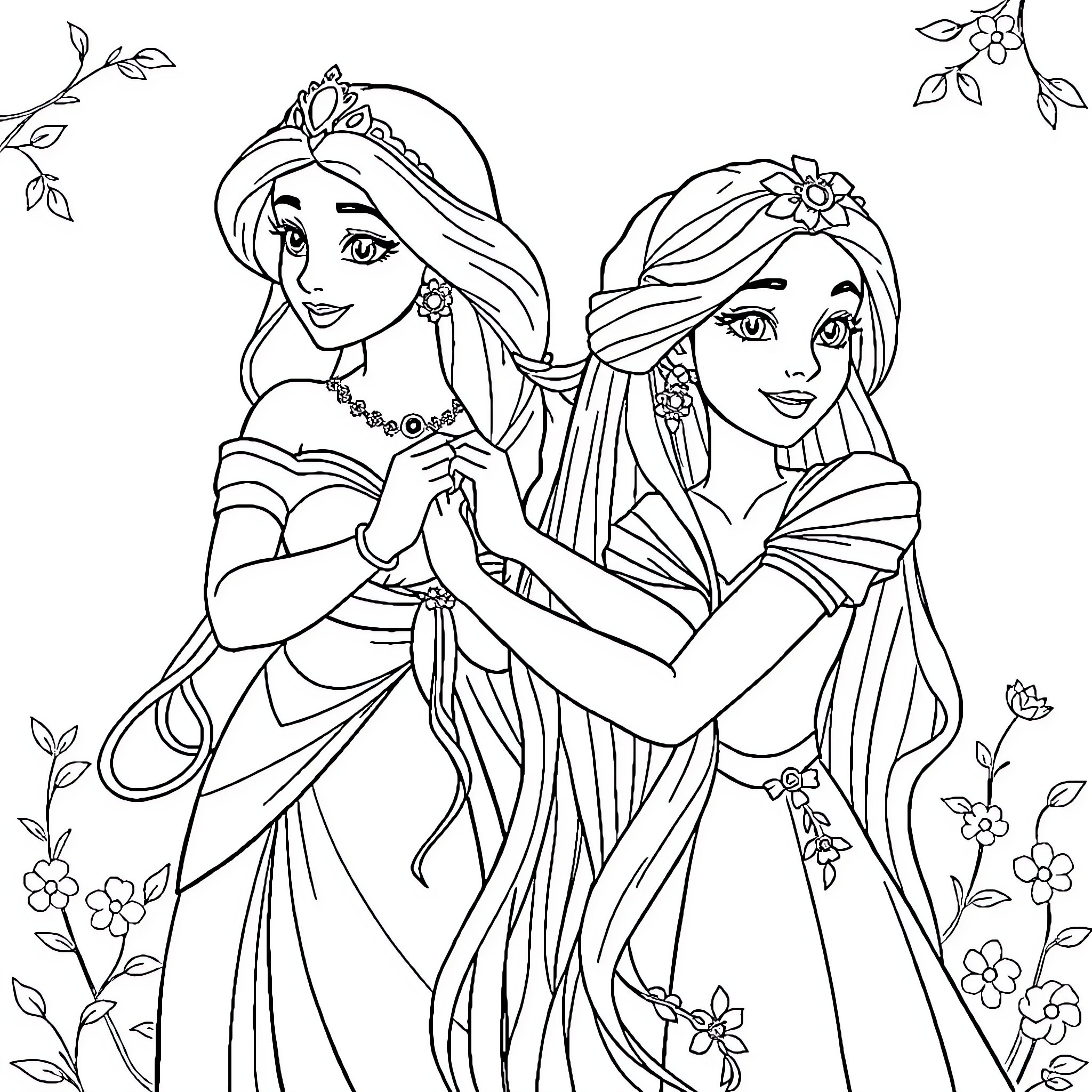 Princess Sisters Embracing in Floral Garden Coloring Page (free black-and-white line drawing printable PDF for all, from beginners to advanced learners, including children, teens, adults, and seniors)