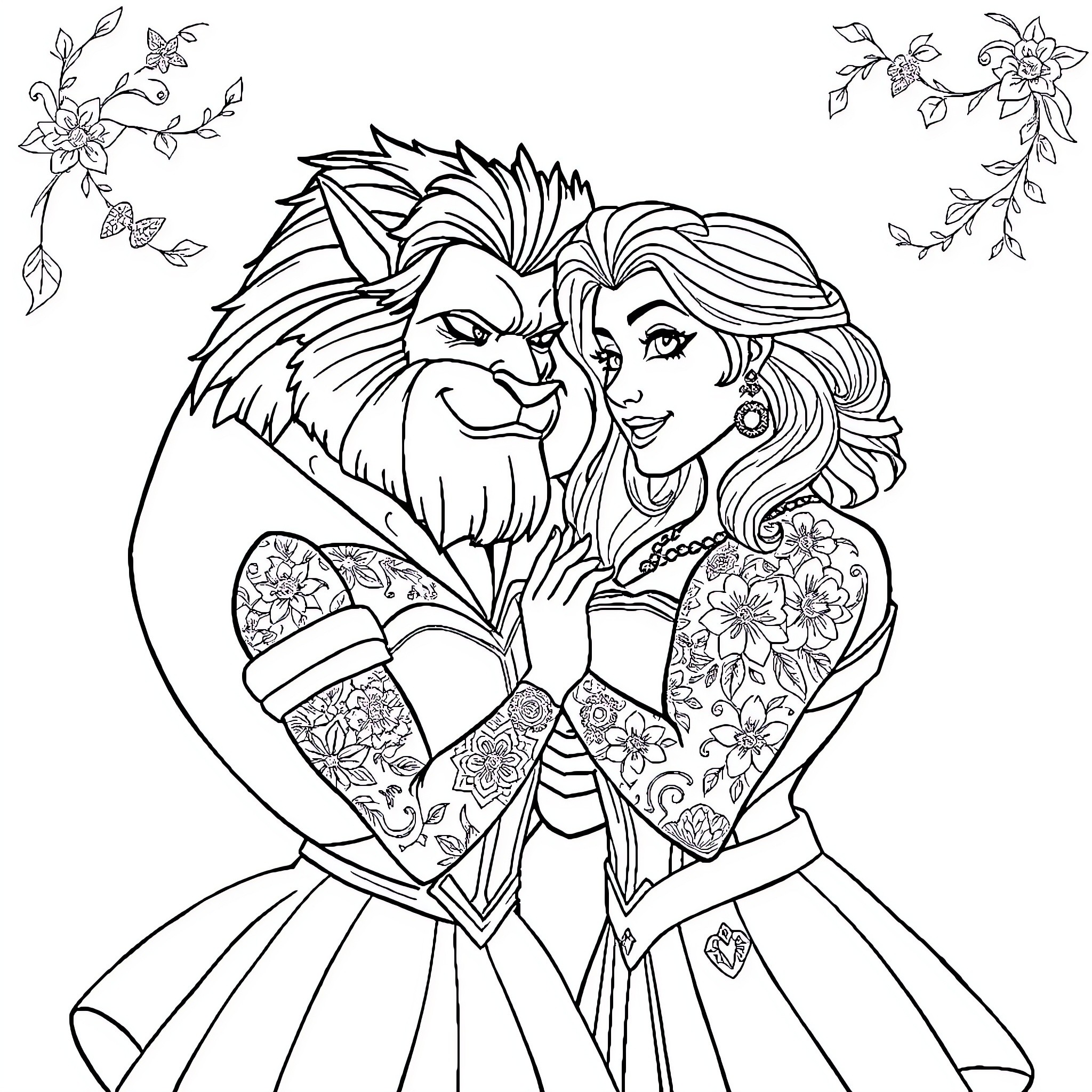 Beauty And The Beast - Embracing Affection Coloring Page (free black-and-white line drawing printable PDF for all, from beginners to advanced learners, including children, teens, adults, and seniors)