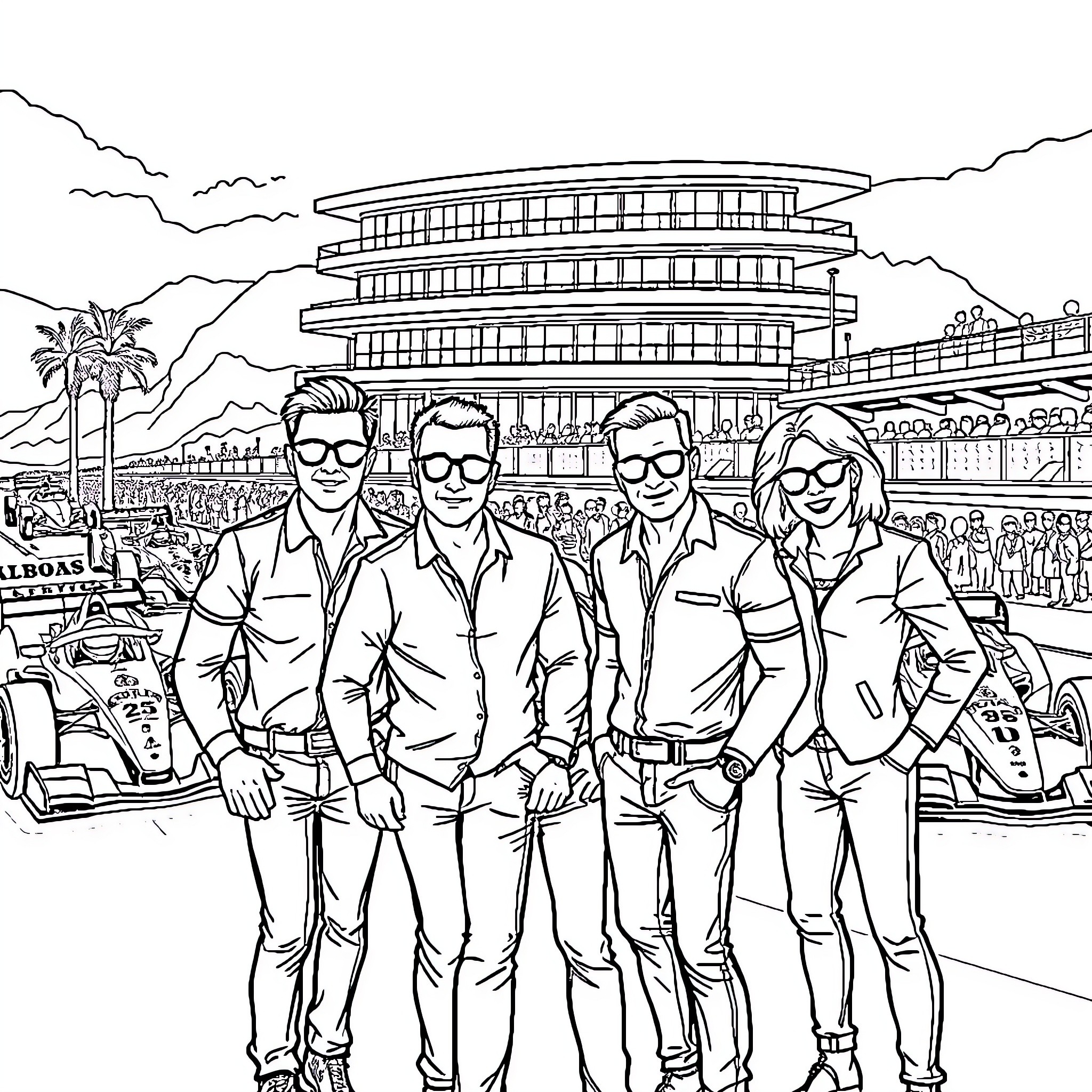 Archer crew posing at racetrack with futuristic building Coloring Page (free black-and-white line drawing printable PDF for all, from beginners to advanced learners, including children, teens, adults, and seniors)