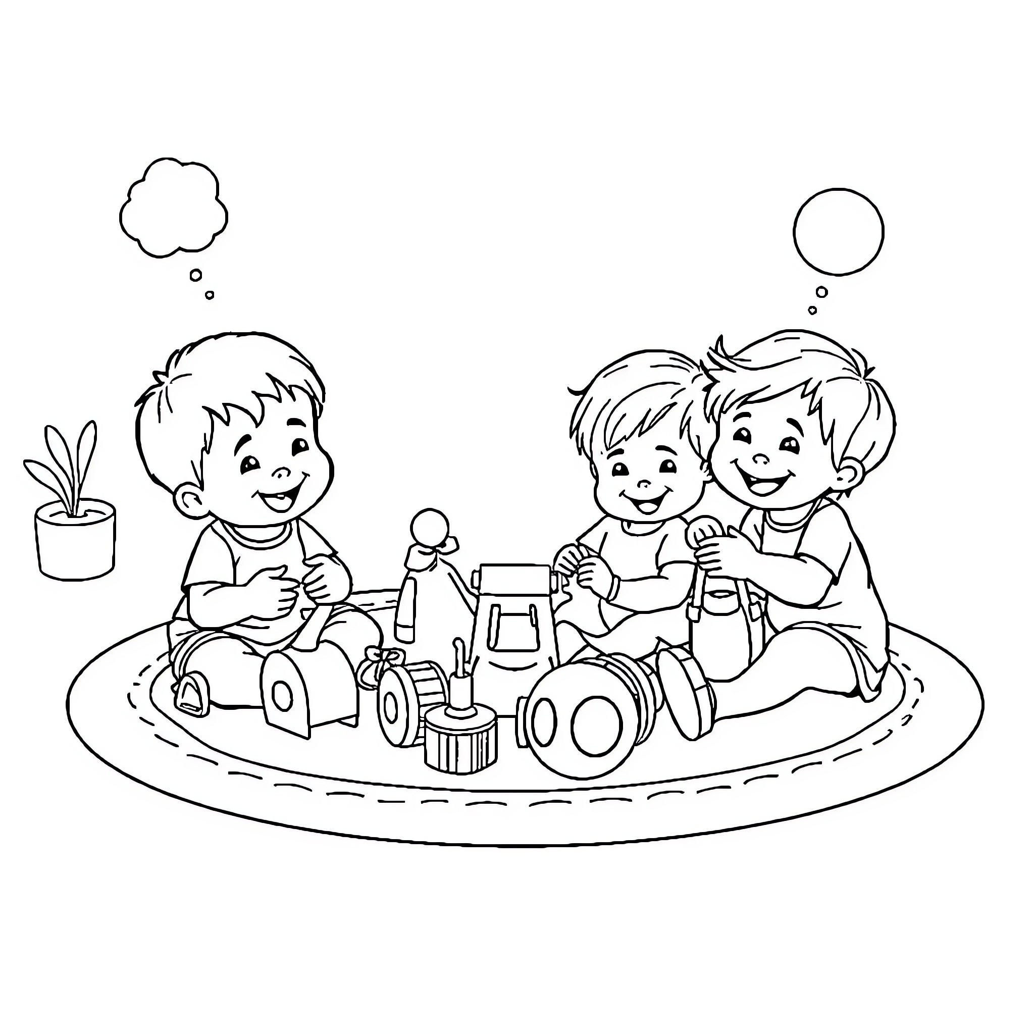 Kids playing with toys together Coloring Page (free black-and-white line drawing printable PDF for all, from beginners to advanced learners, including children, teens, adults, and seniors)