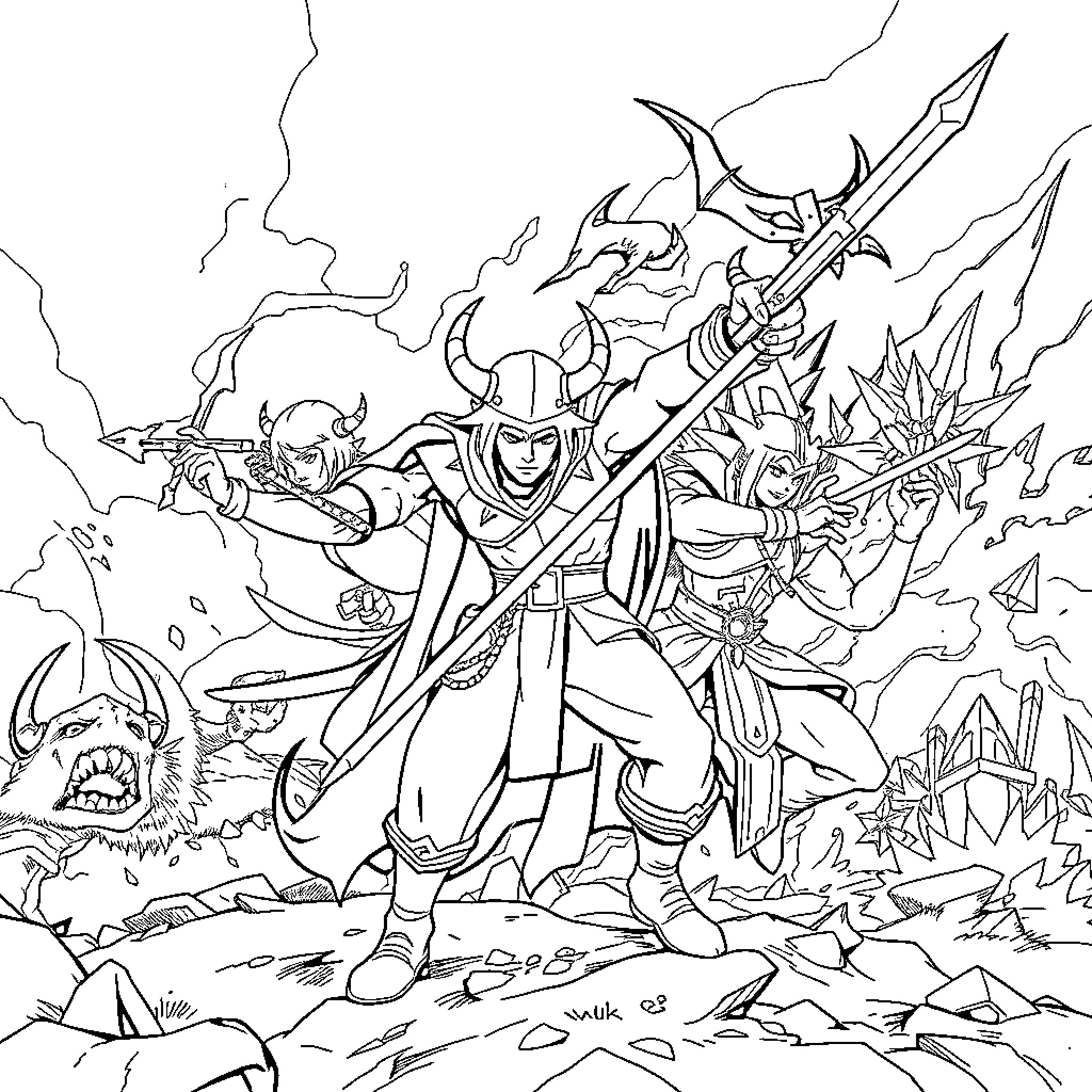 Solo Leveling: Warrior Facing Fierce Foes in Epic Battle Coloring Page (free black-and-white line drawing printable PDF for all, from beginners to advanced learners, including children, teens, adults, and seniors)